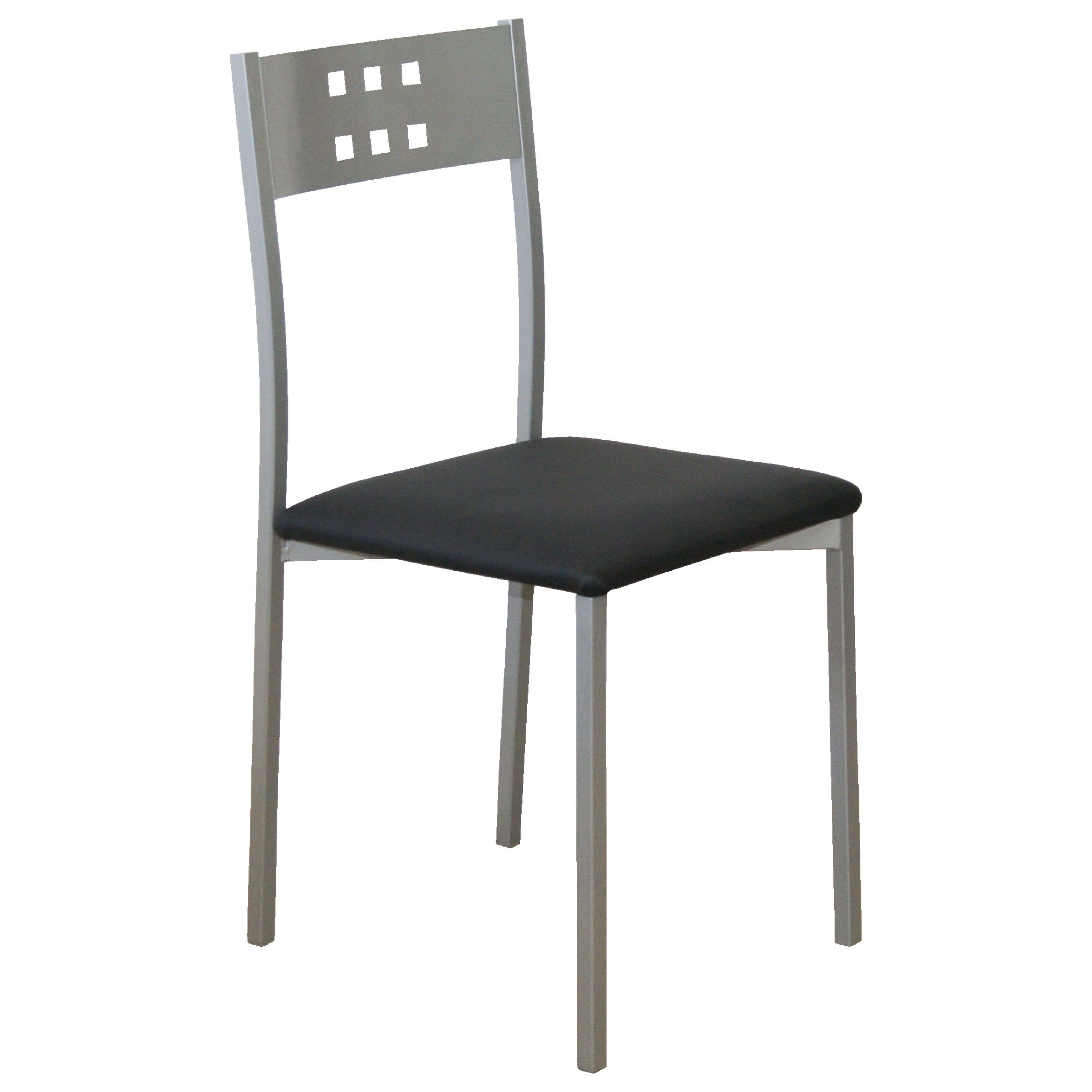 Una silla plateada con asiento negro y recortes rectangulares en el respaldo.
