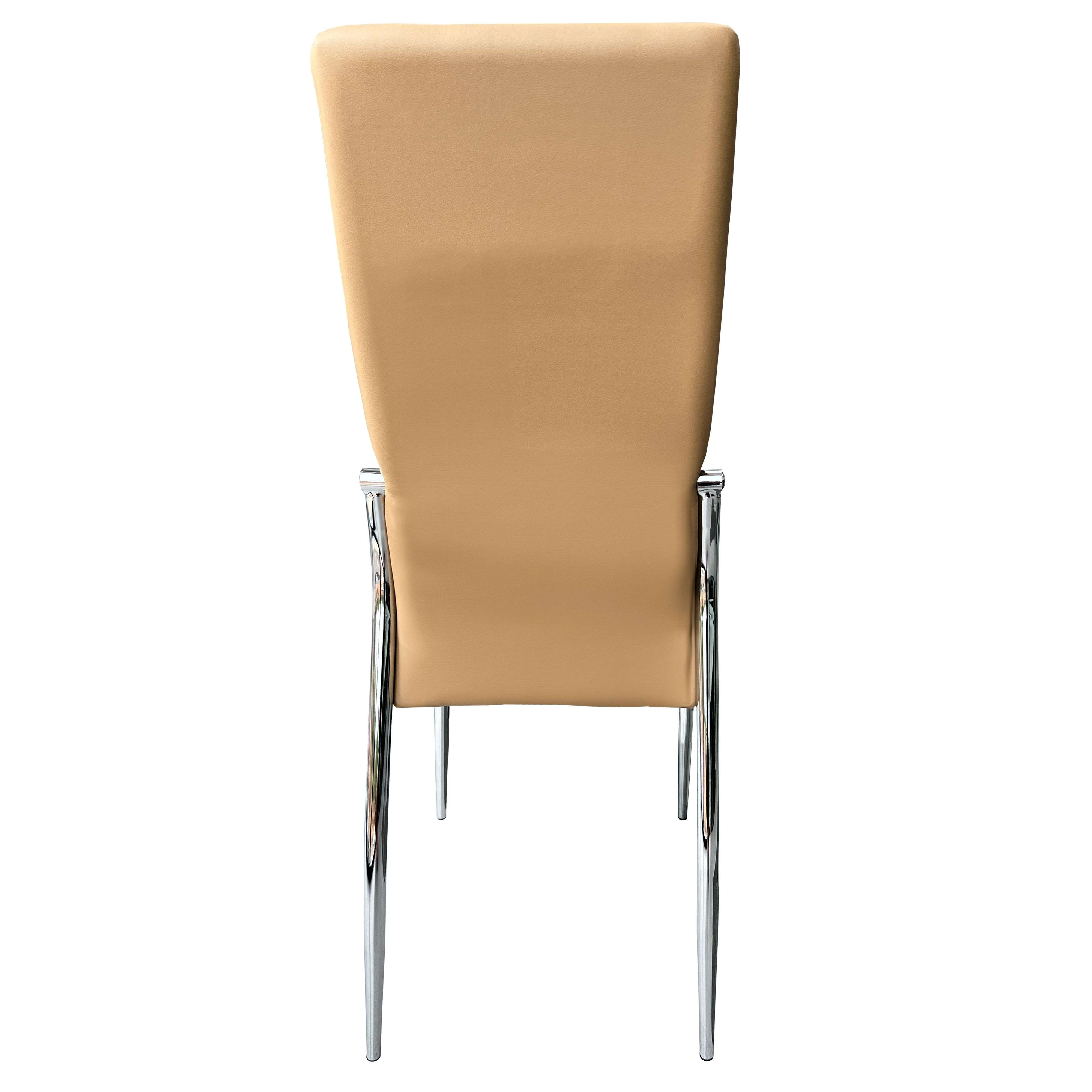 Una silla beige con patas cromadas, vista desde atrás.