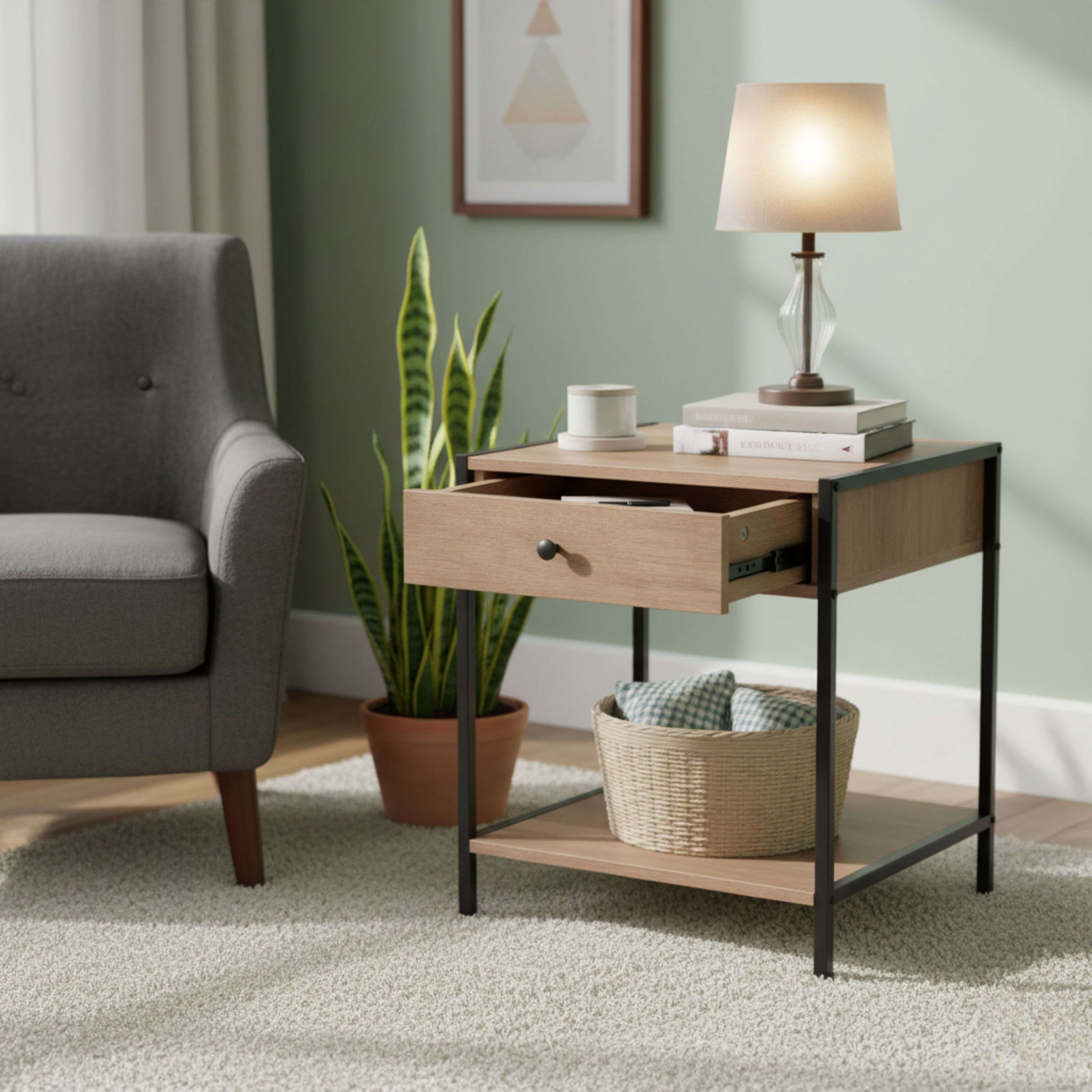 Una mesita de noche con cajón abierto, lámpara, libros y cesta. Cerca hay un sillón y una planta.