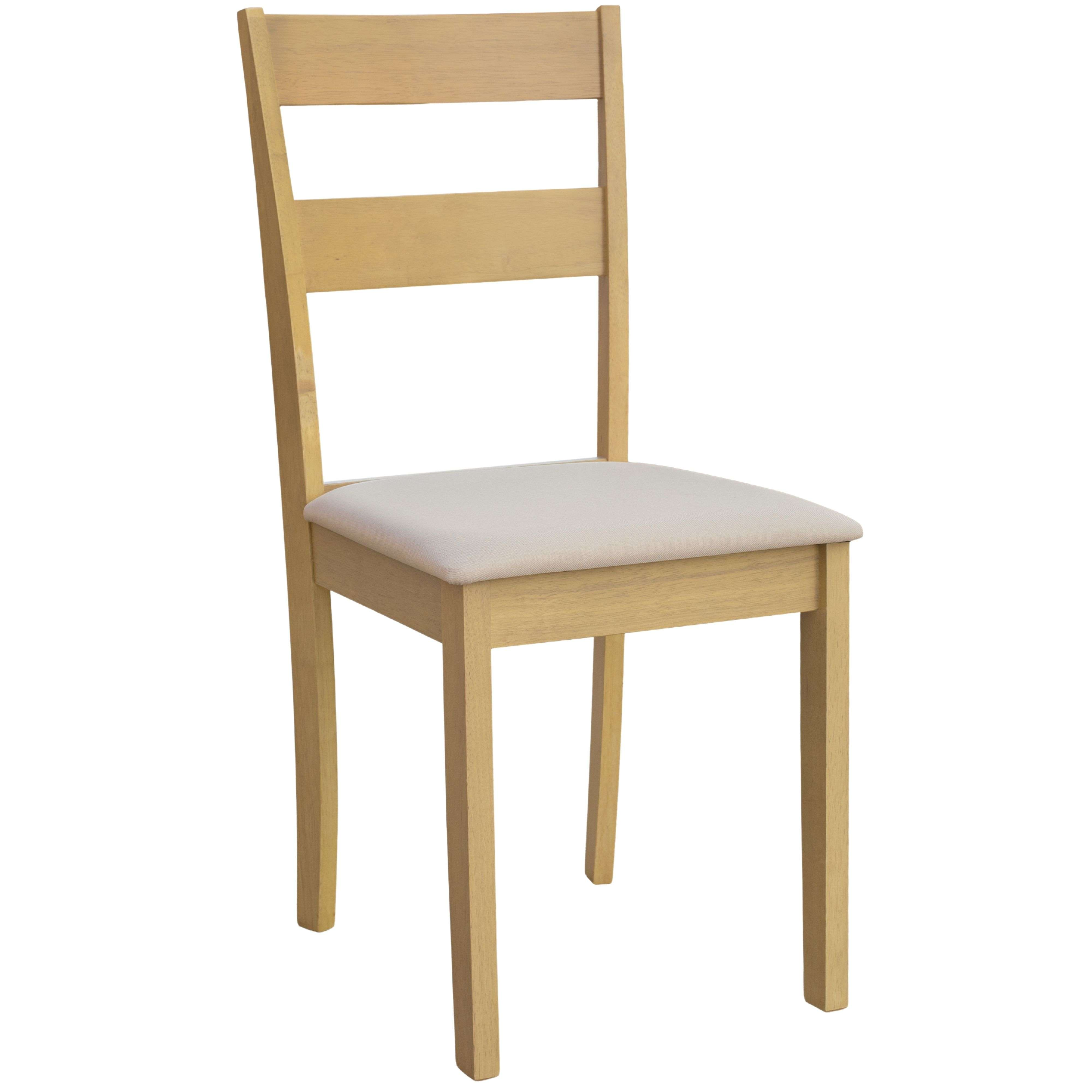 Una silla de madera clara con asiento acolchado y dos listones traseros.