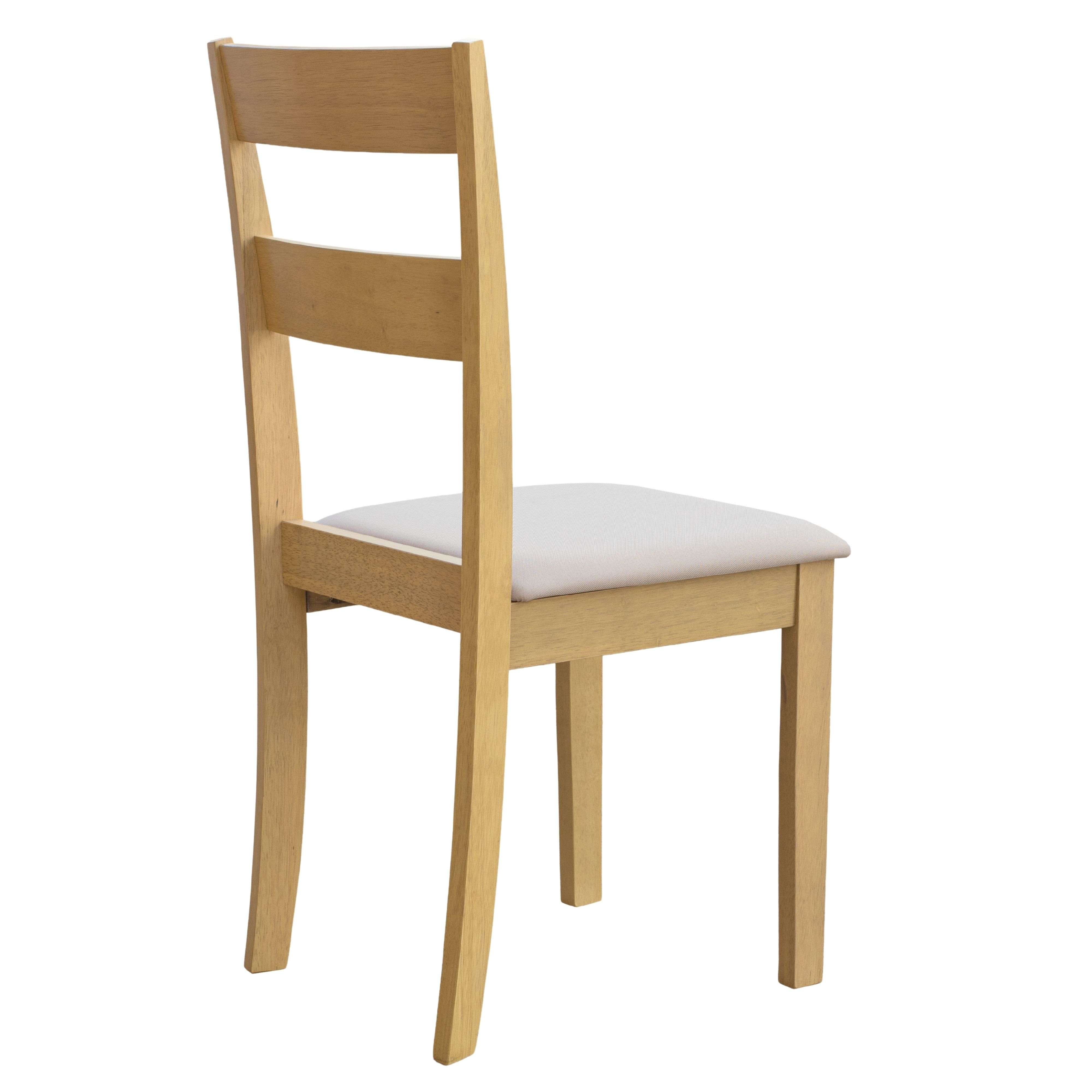 Una silla de madera con asiento blanco, vista de lado.
