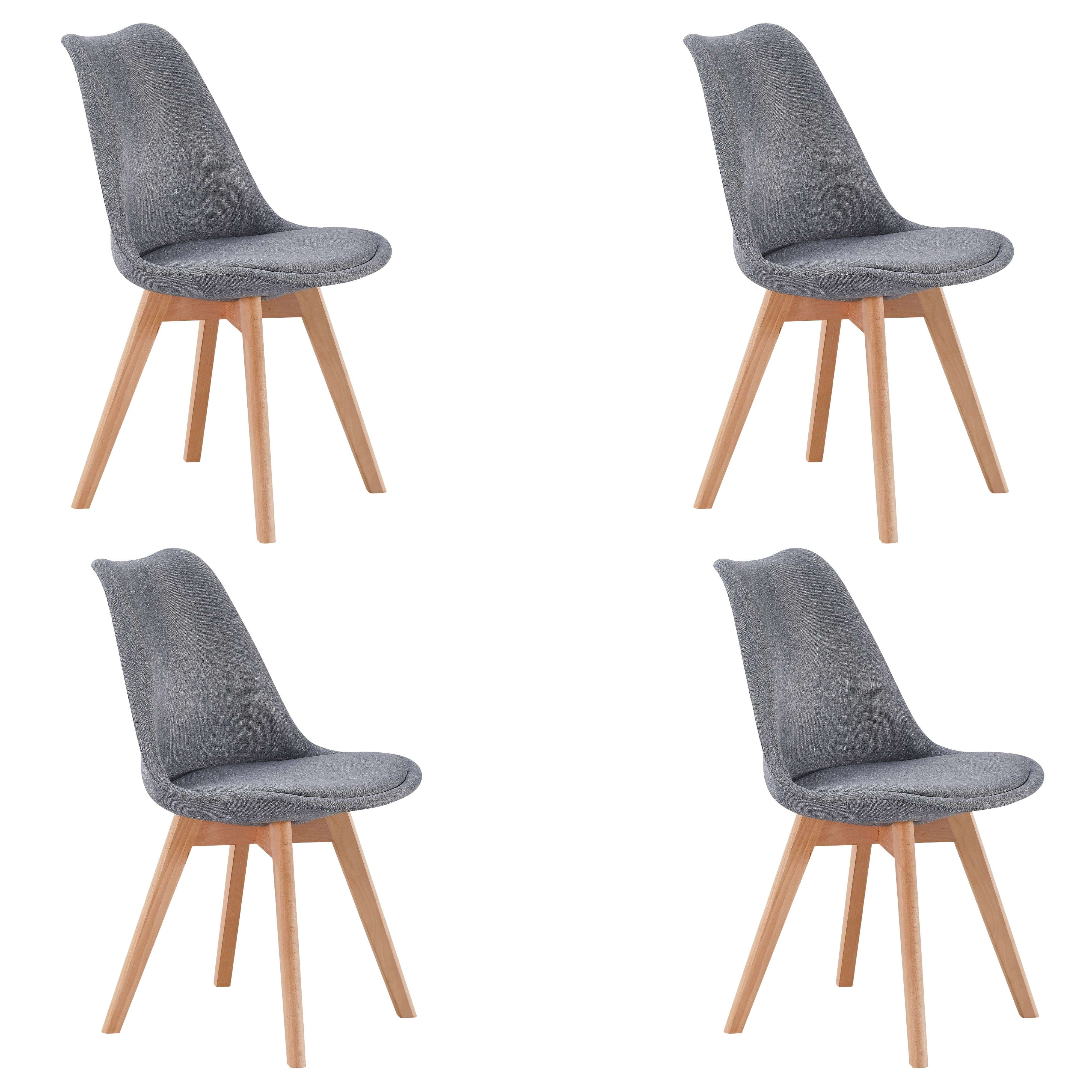 Cuatro sillas grises de tela con patas de madera, aisladas sobre fondo blanco.