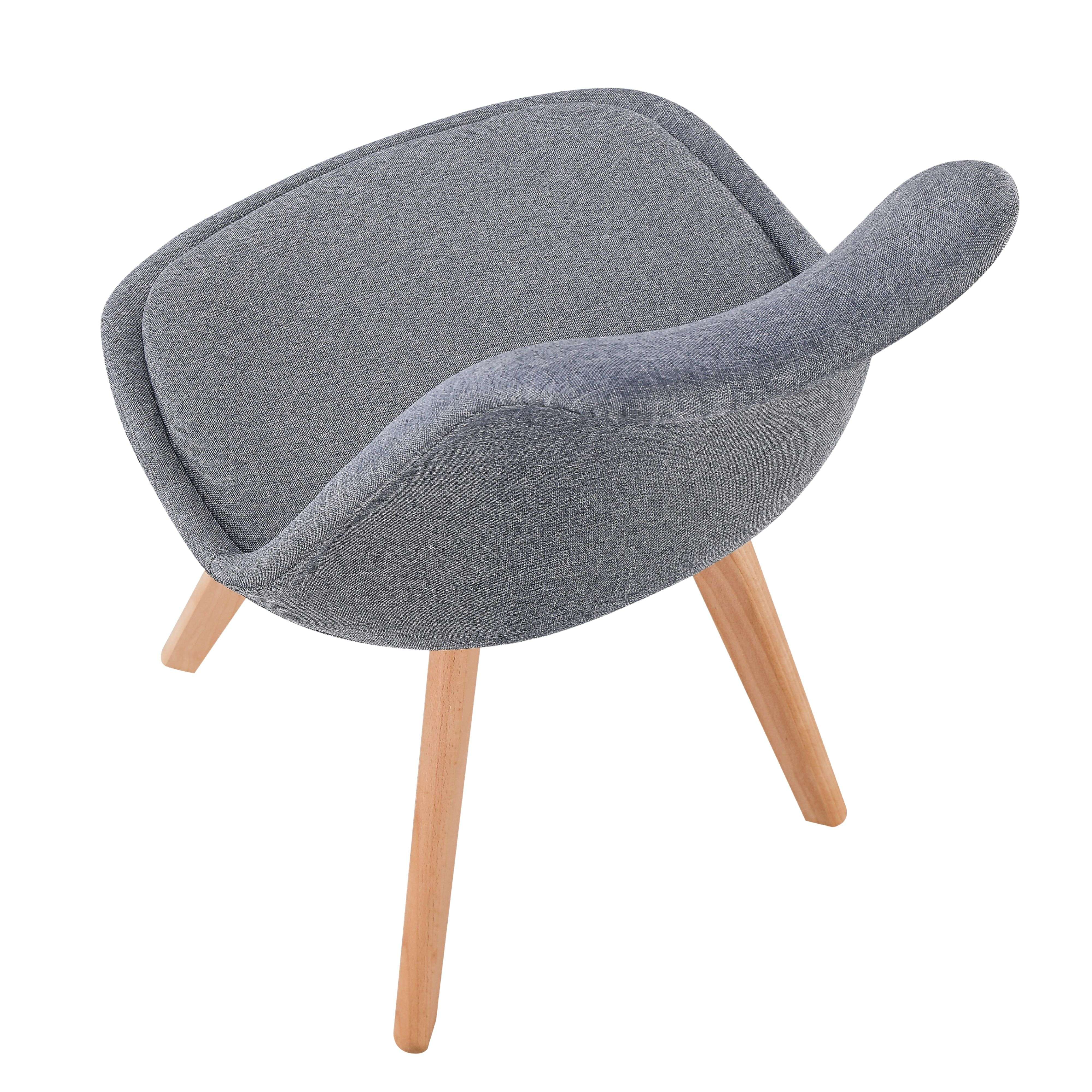 Una silla de tela gris con tres patas de madera.