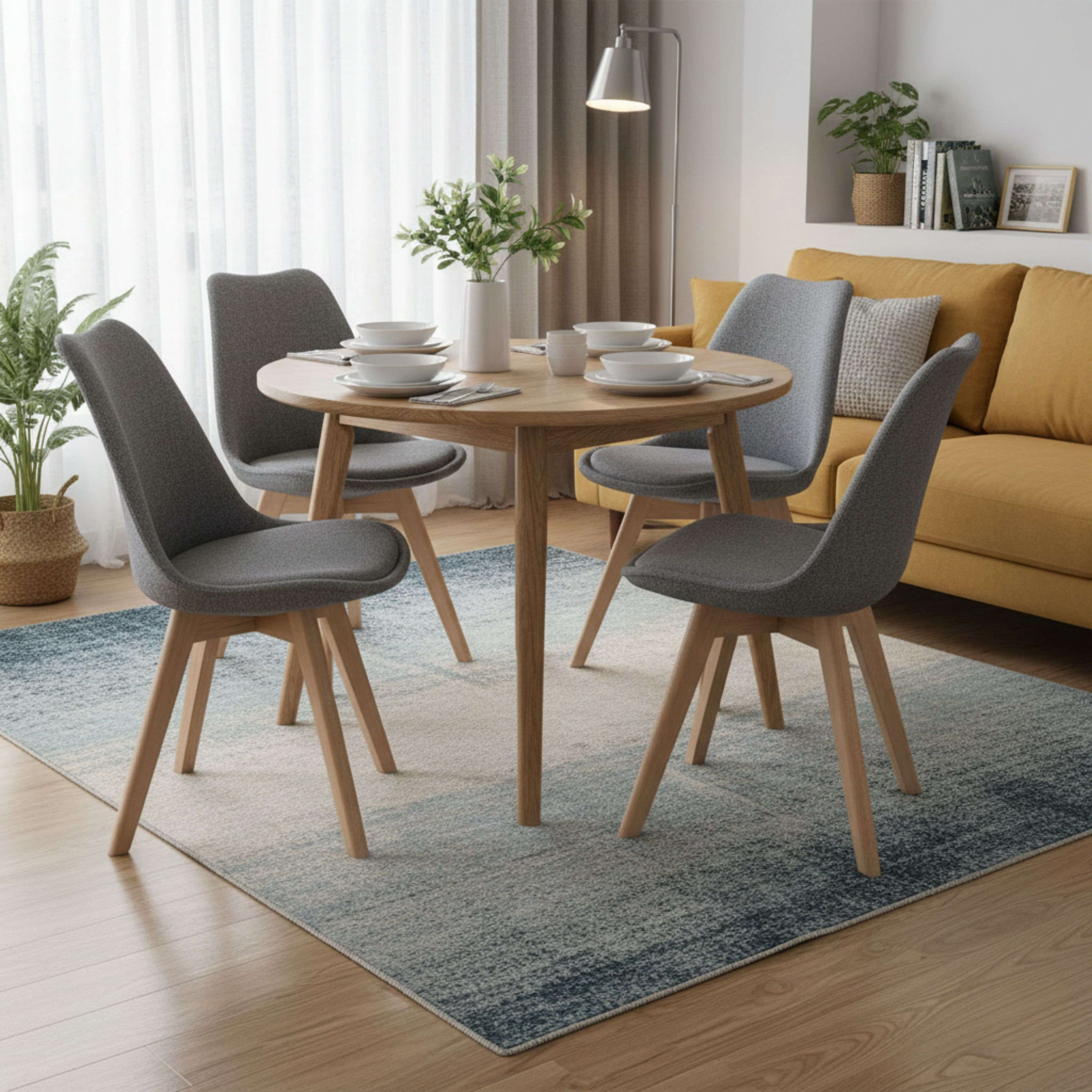 Una mesa redonda de madera con cuatro sillas grises, puesta para cuatro personas.