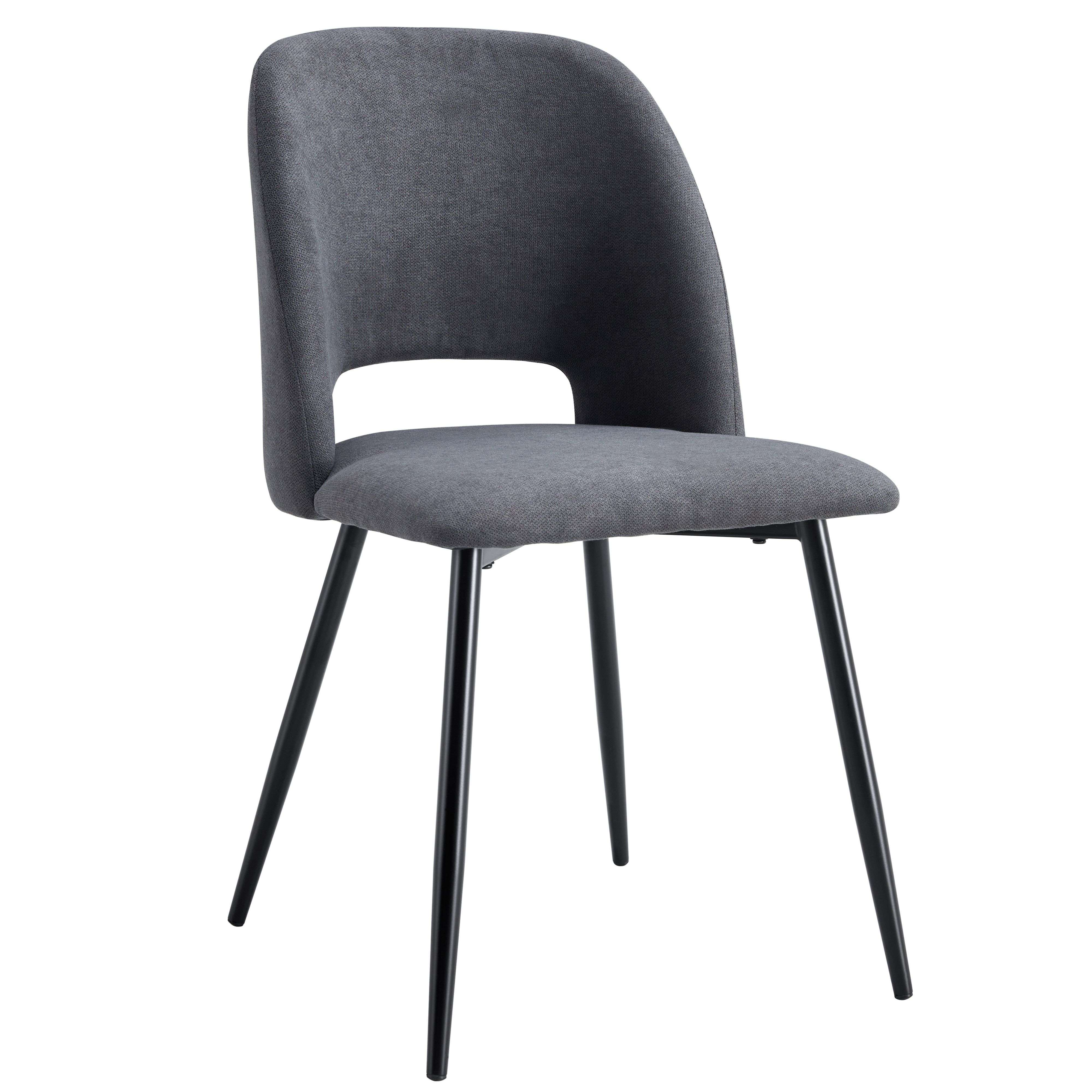 Una silla de tela gris con patas de metal negras y un corte ovalado en el respaldo.