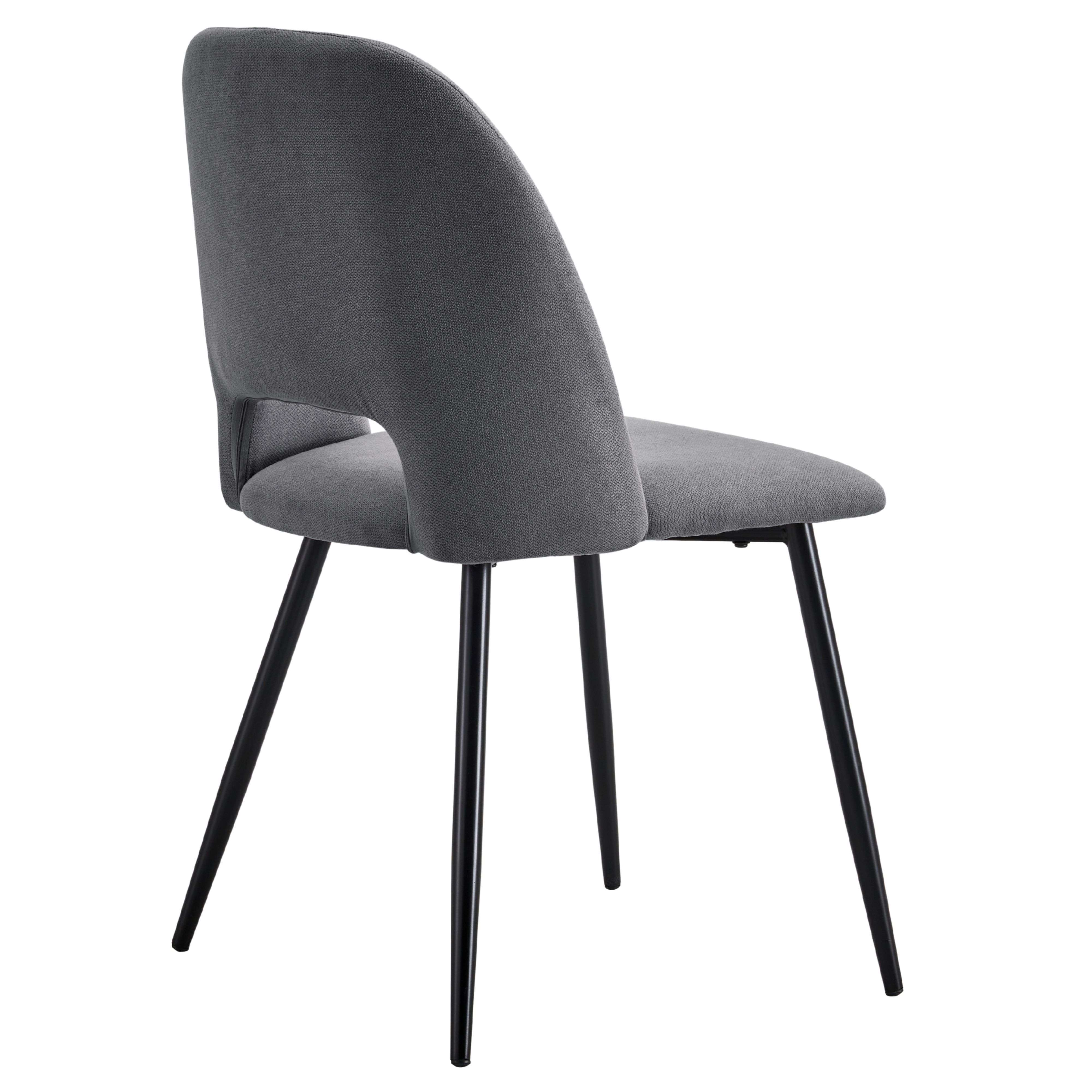 Silla de tela gris con patas delgadas de metal negro, vista desde atrás y de lado.
