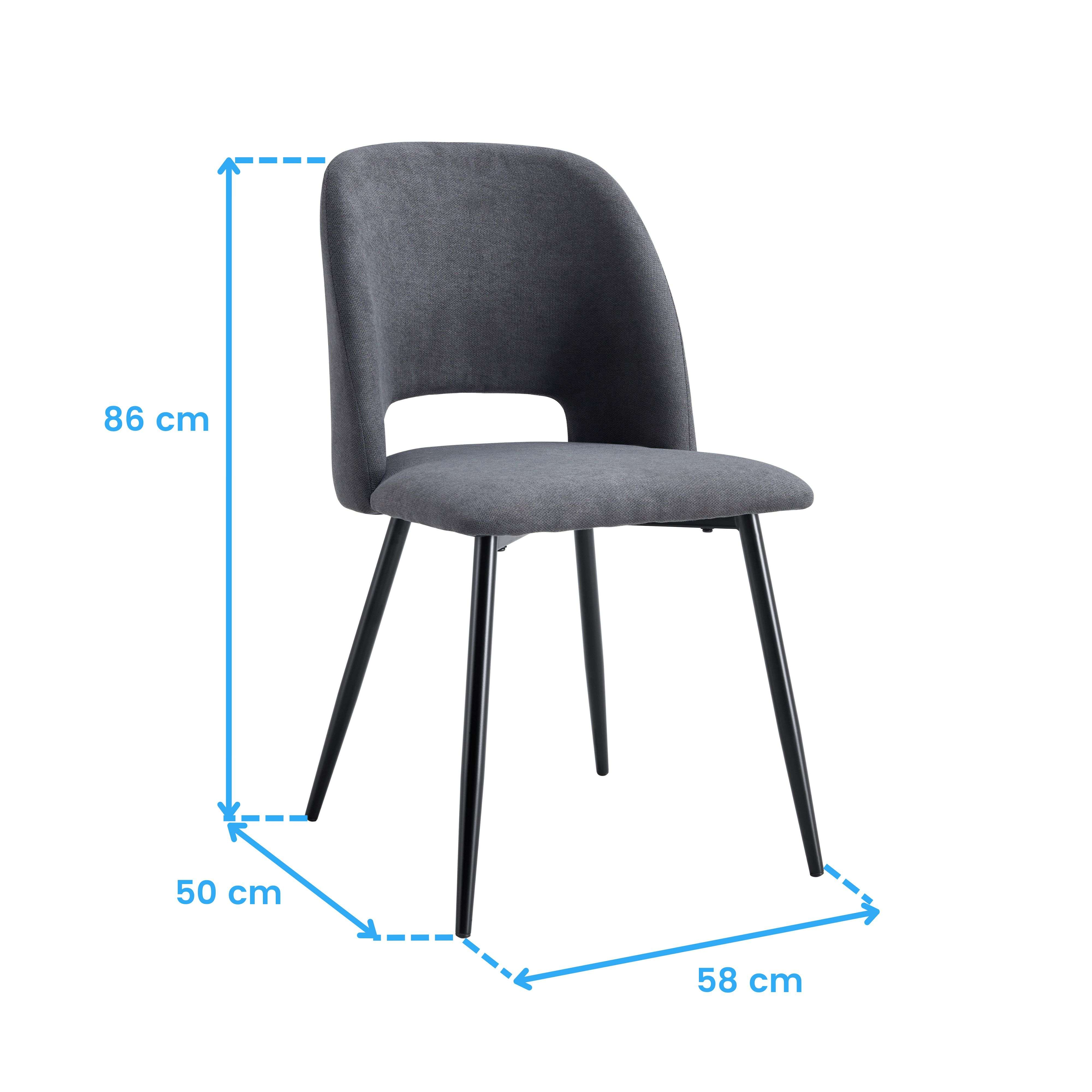 Silla de tela gris con patas de metal negro, dimensiones 86x50x58 cm.
