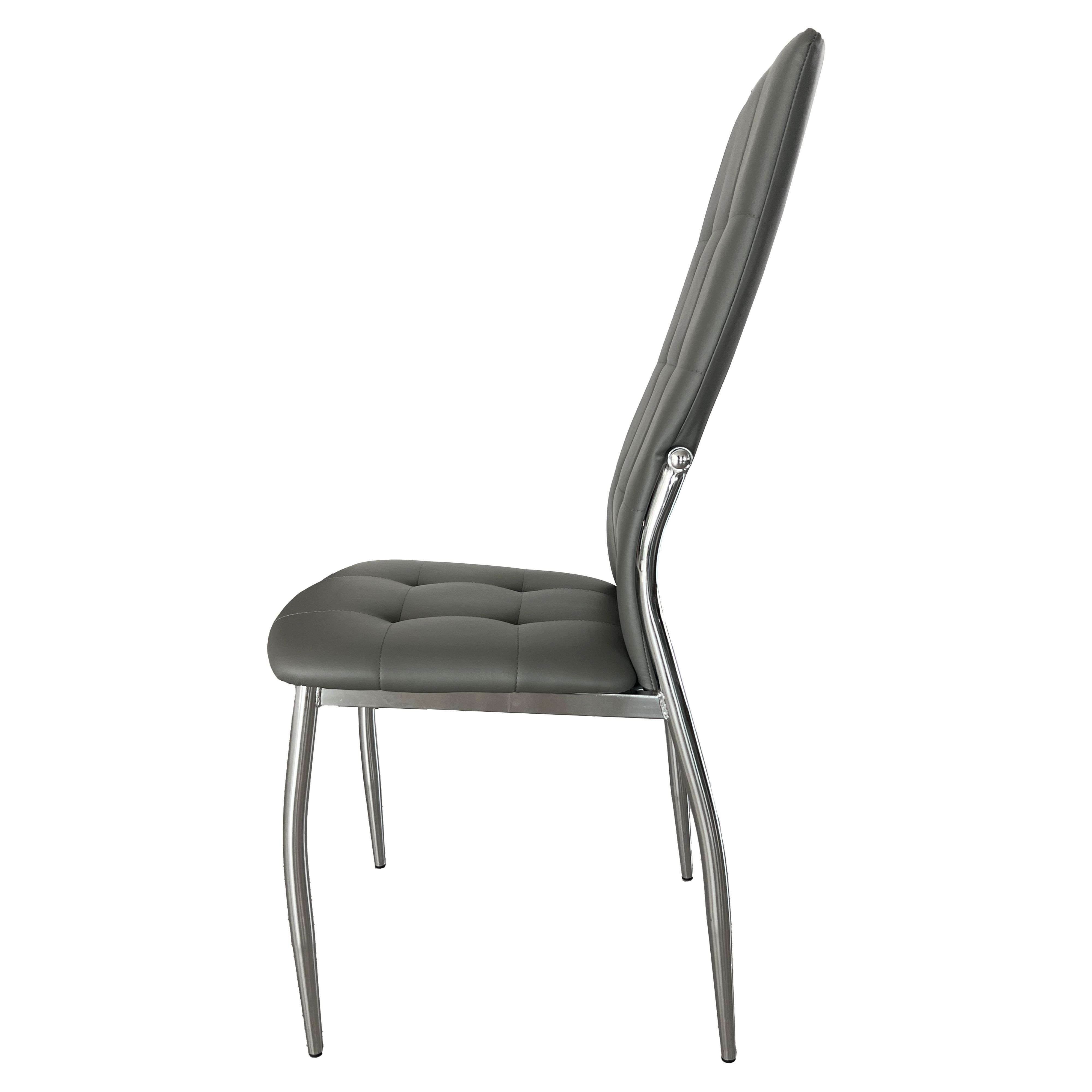 Una silla gris de cuero sintético con patas de metal y asiento acolchado.