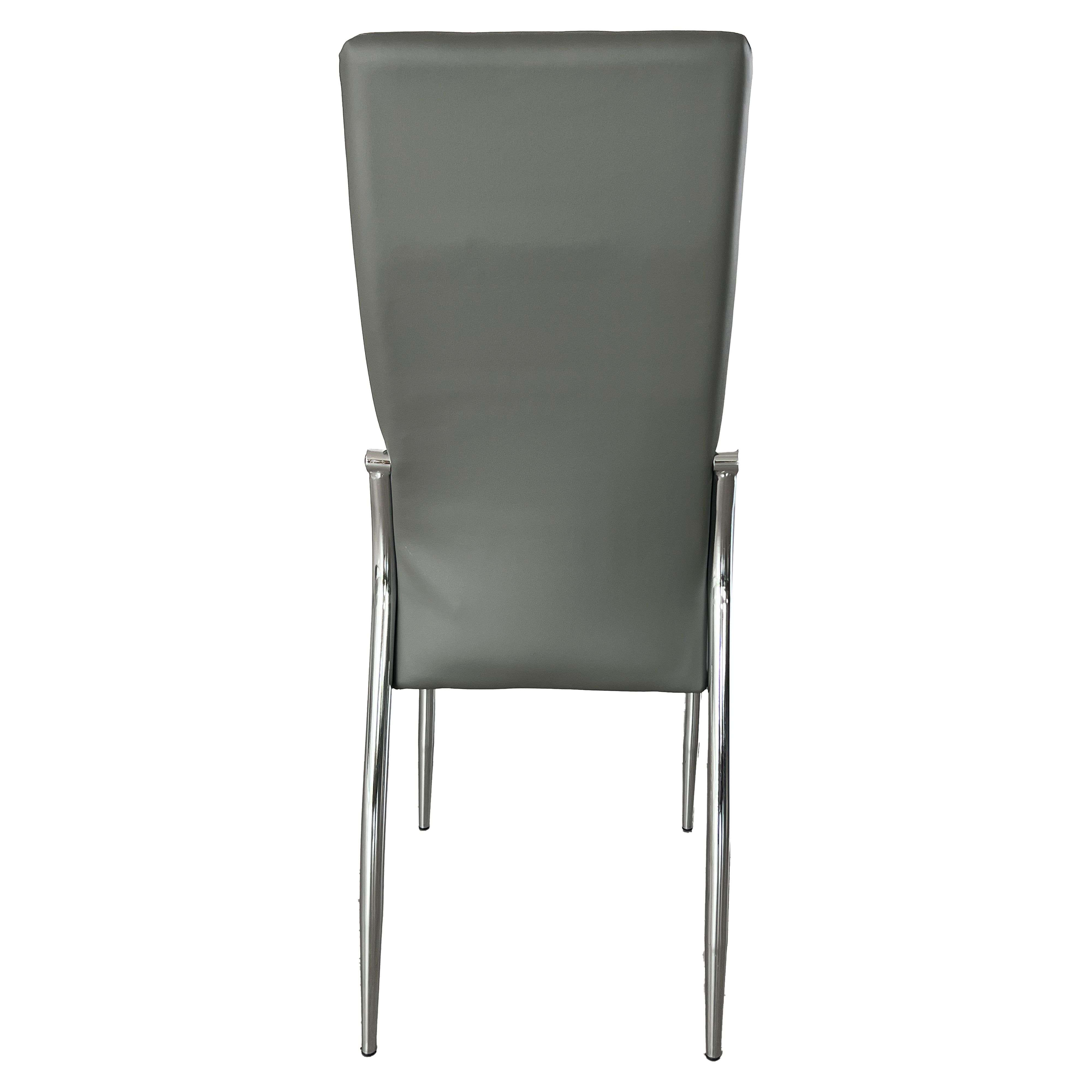 Vista trasera de una silla gris de cuero sintético con patas cromadas.