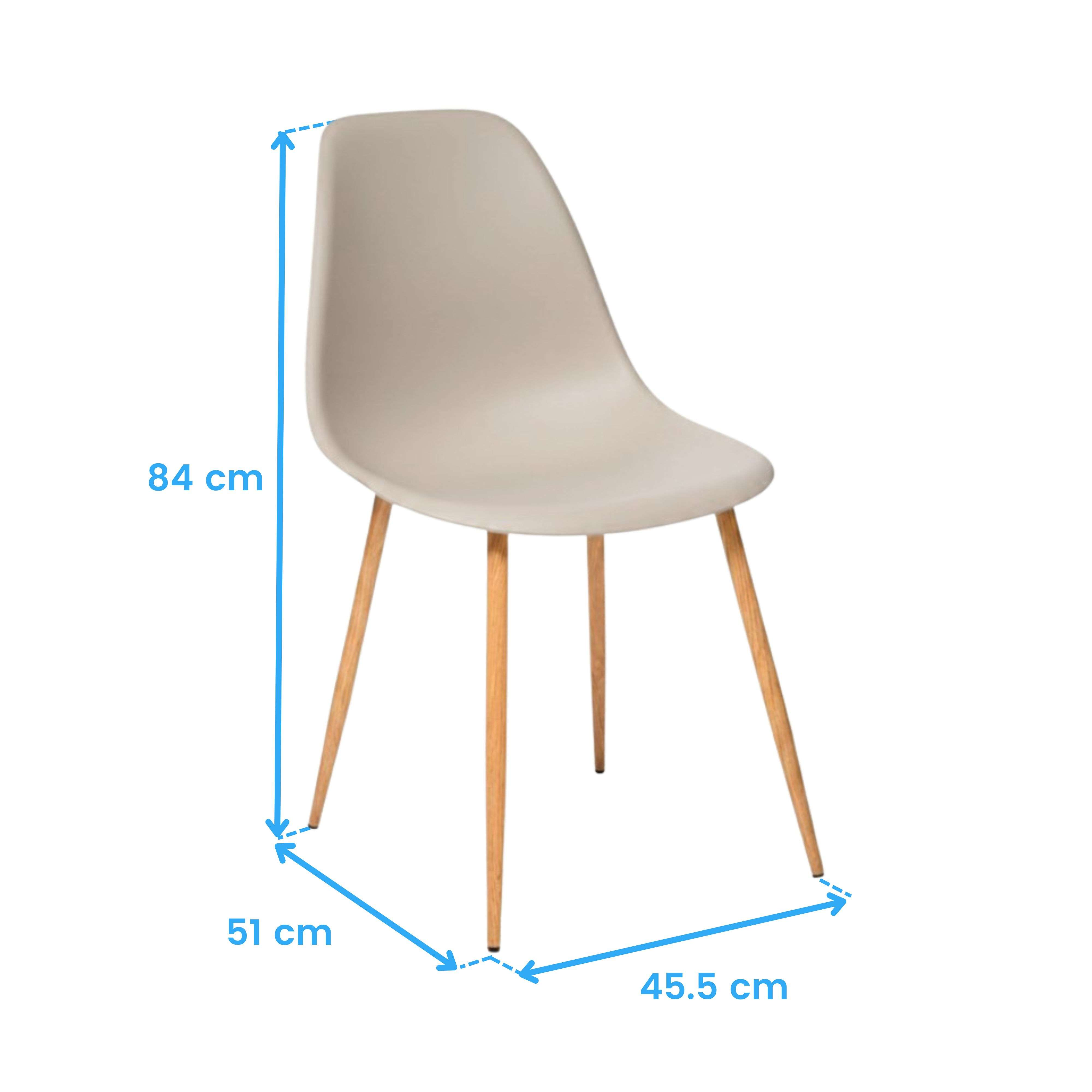 Silla clara con patas de madera, alto 84 cm, ancho 51 cm, fondo 45,5 cm.