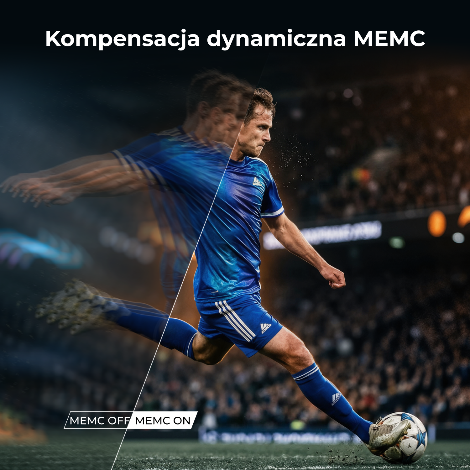 Piłkarz w niebieskiej koszulce kopie piłkę, z efektem MEMC.