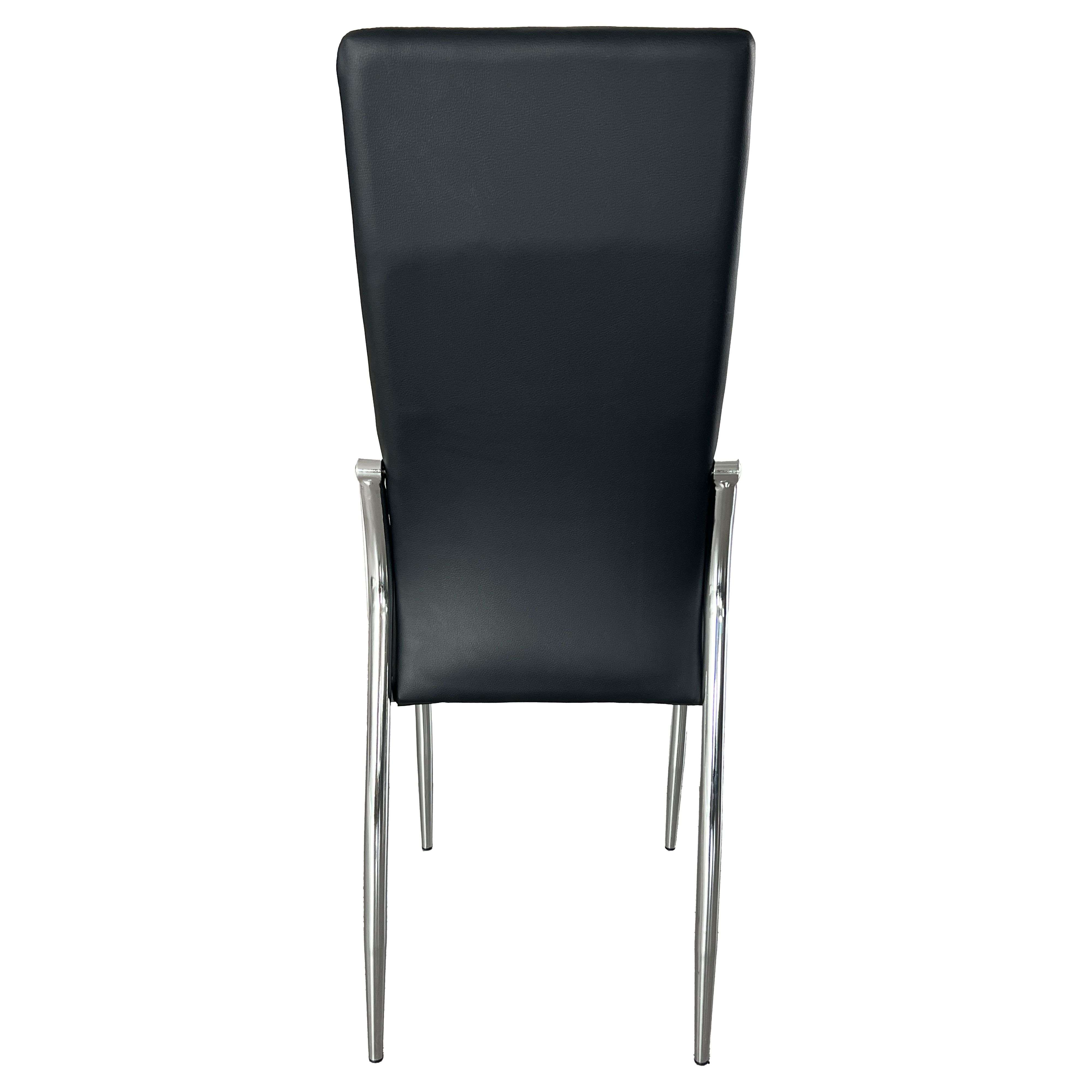 Silla negra con patas cromadas, vista desde atrás.