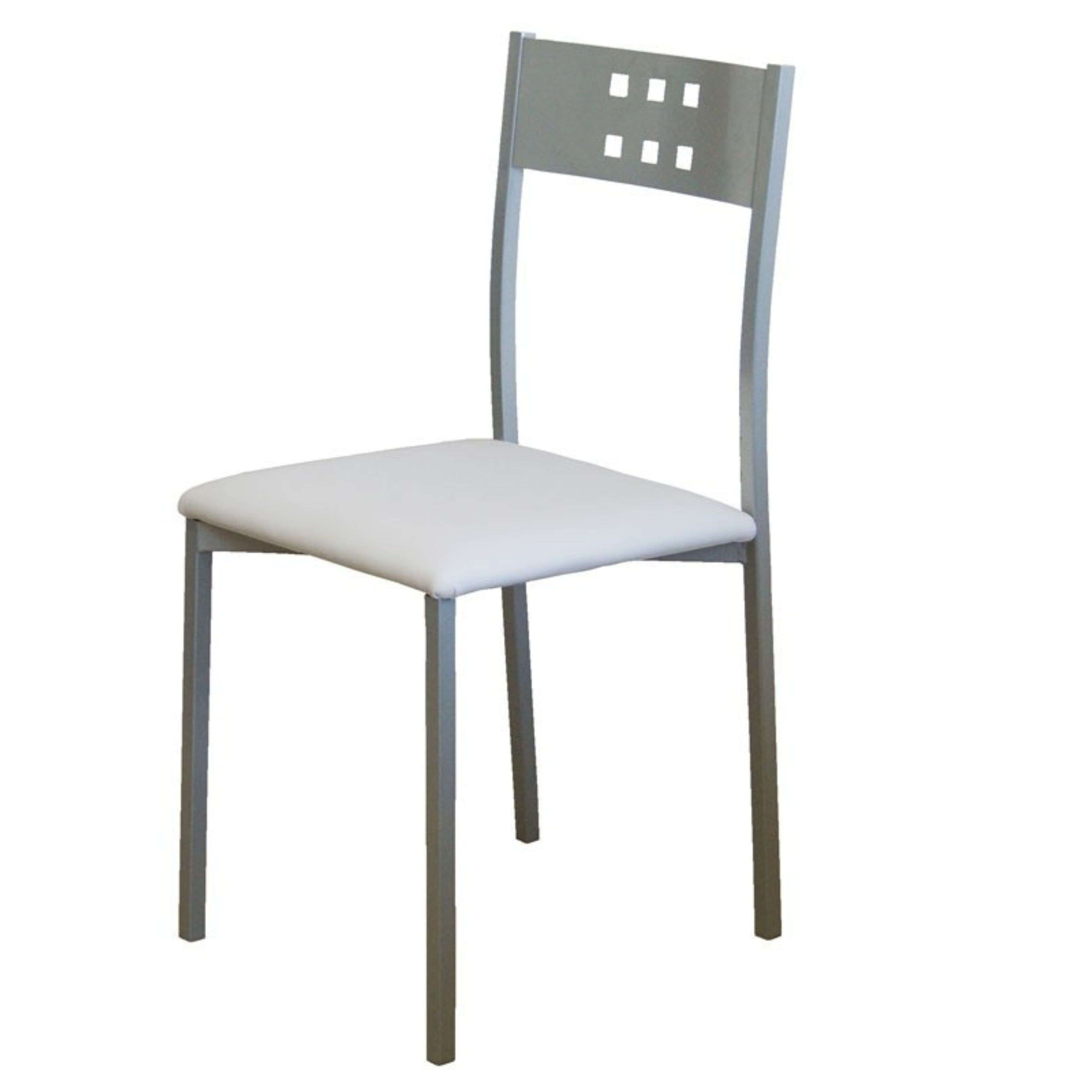 Una silla plateada moderna con asiento blanco y respaldo rectangular con cuatro cuadrados.