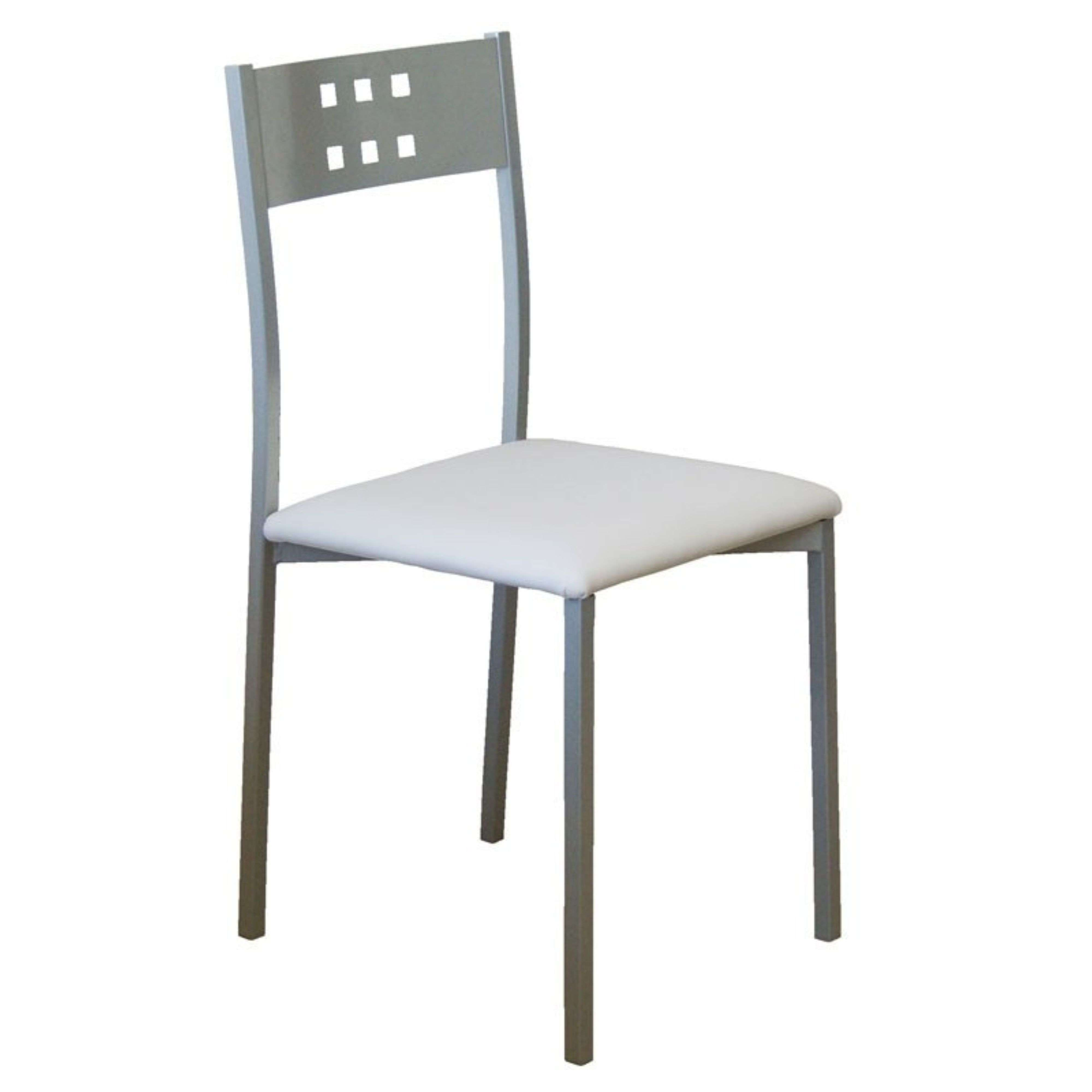 Una silla plateada moderna con asiento blanco y diseño cuadrado en el respaldo.