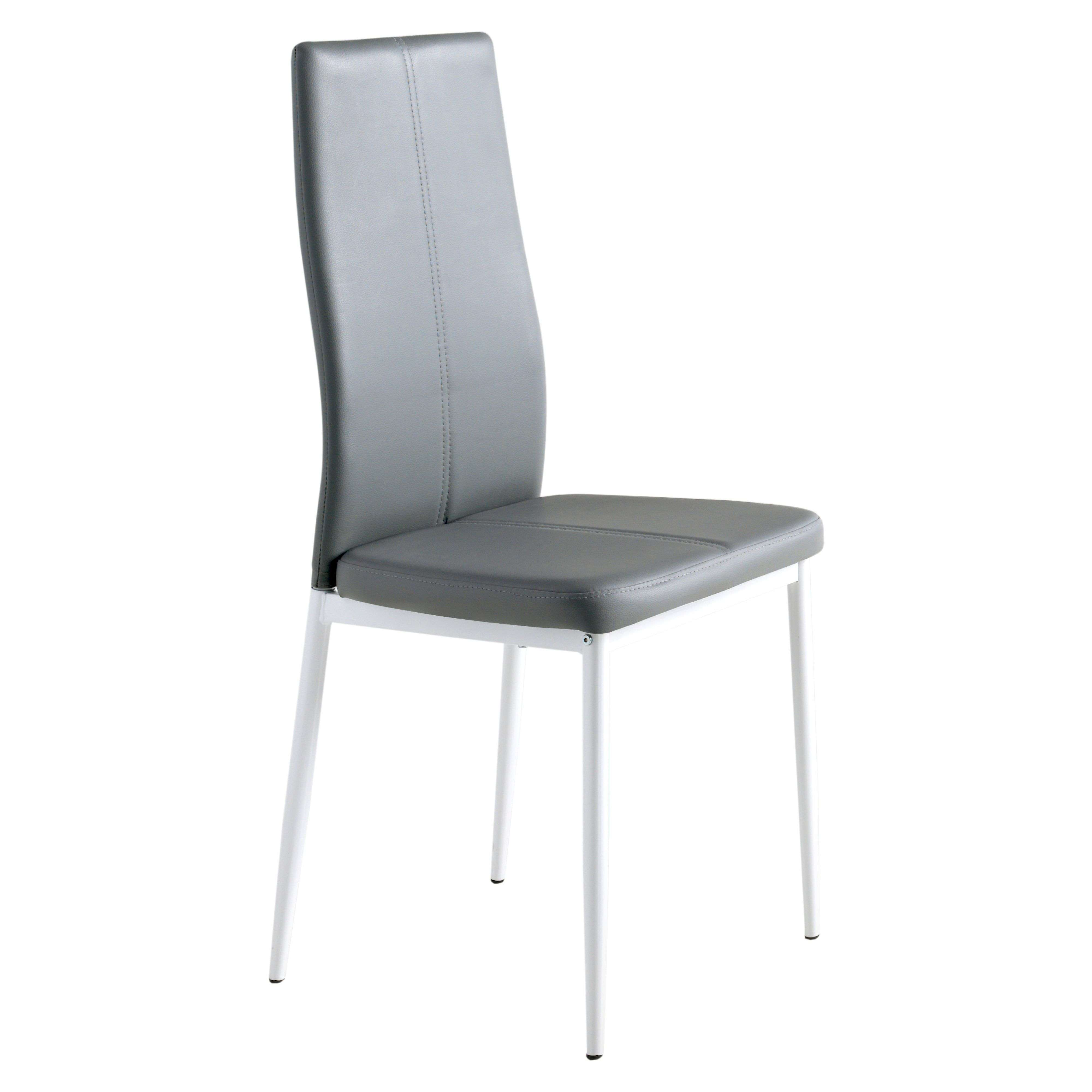 Silla de cuero sintético gris con patas de metal blanco y respaldo alto.