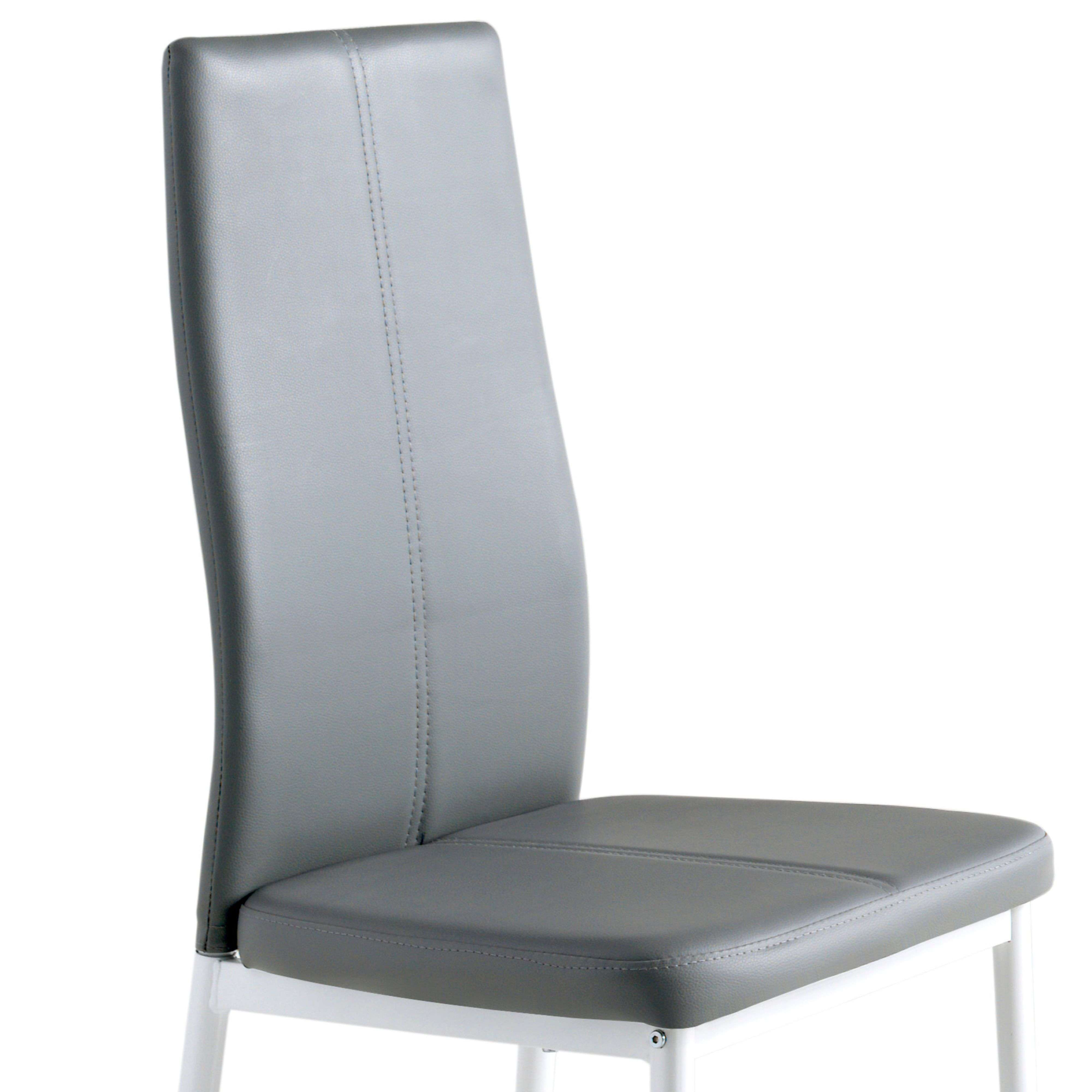 Silla de cuero sintético gris con marco de metal blanco, primer plano del asiento y respaldo.