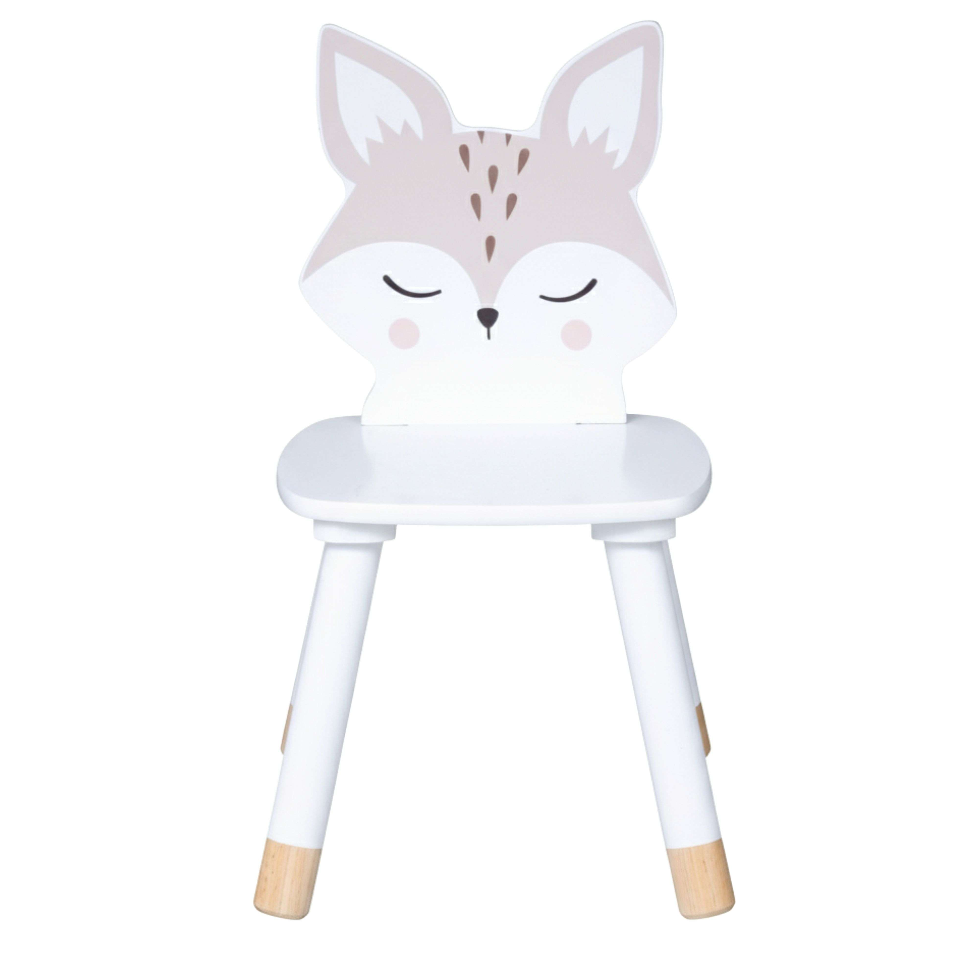 Una silla infantil blanca con diseño de cara de zorro en el respaldo.