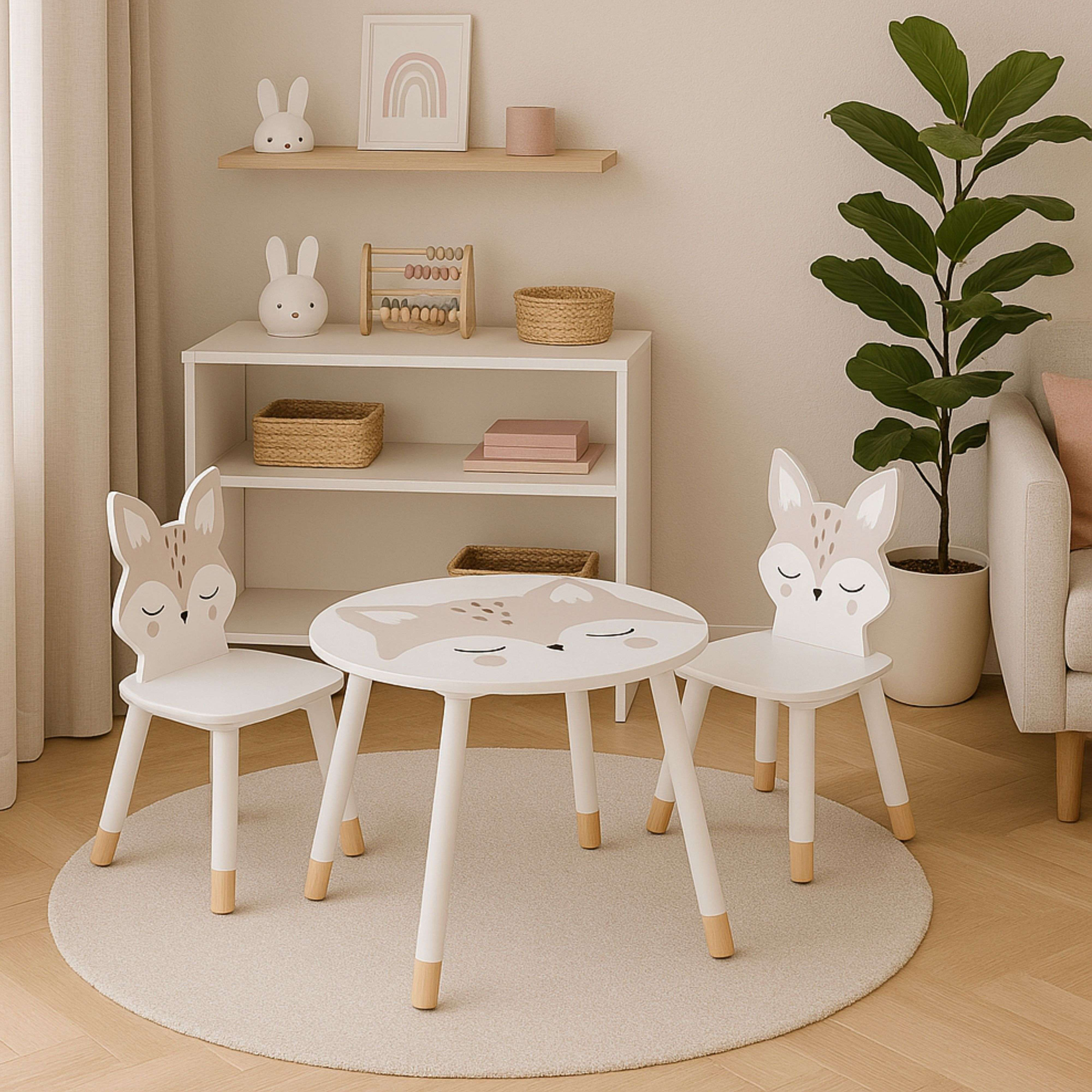Mesa y dos sillas infantiles blancas con diseño de ciervo sobre alfombra redonda.