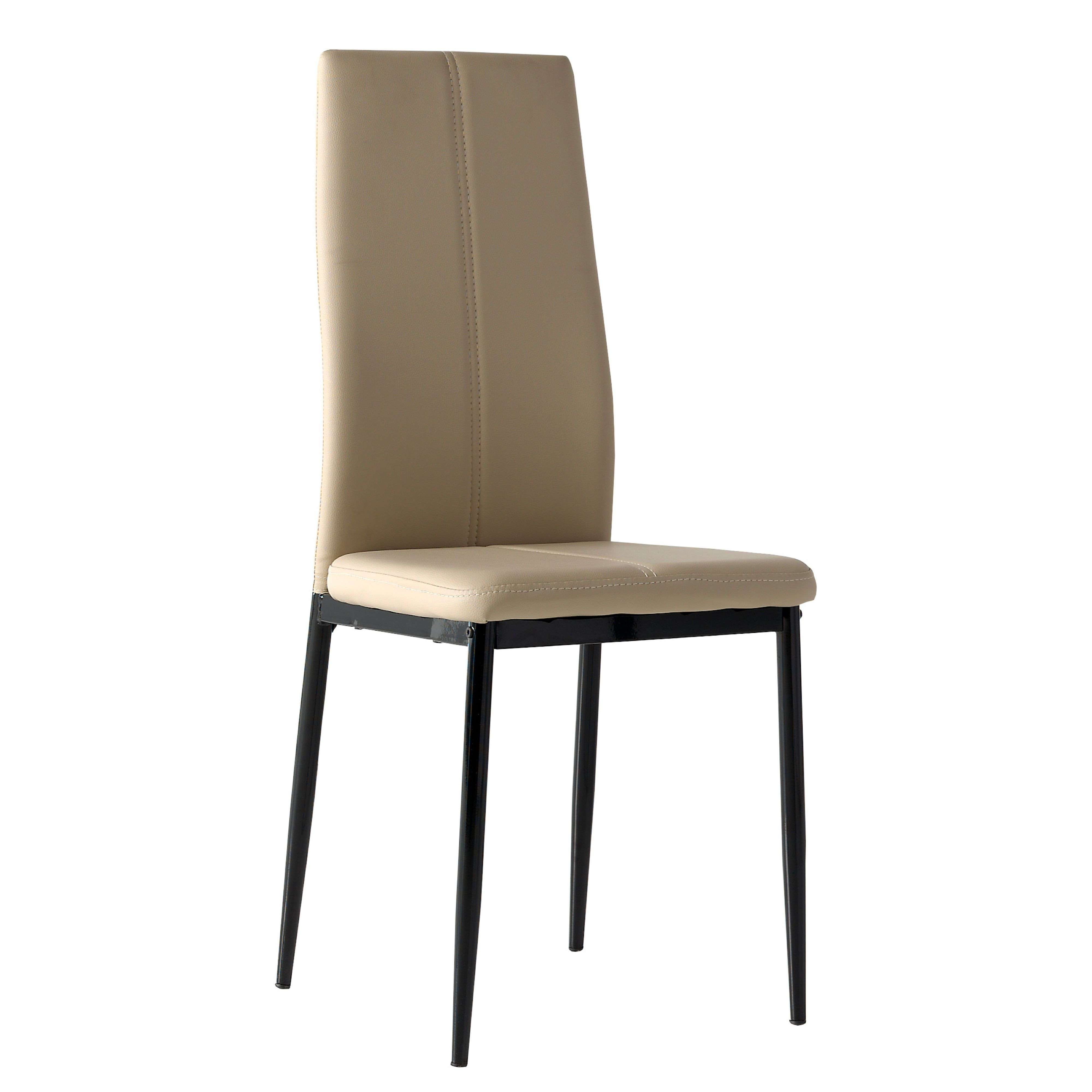 Una silla beige con estructura de metal negro sobre fondo blanco.