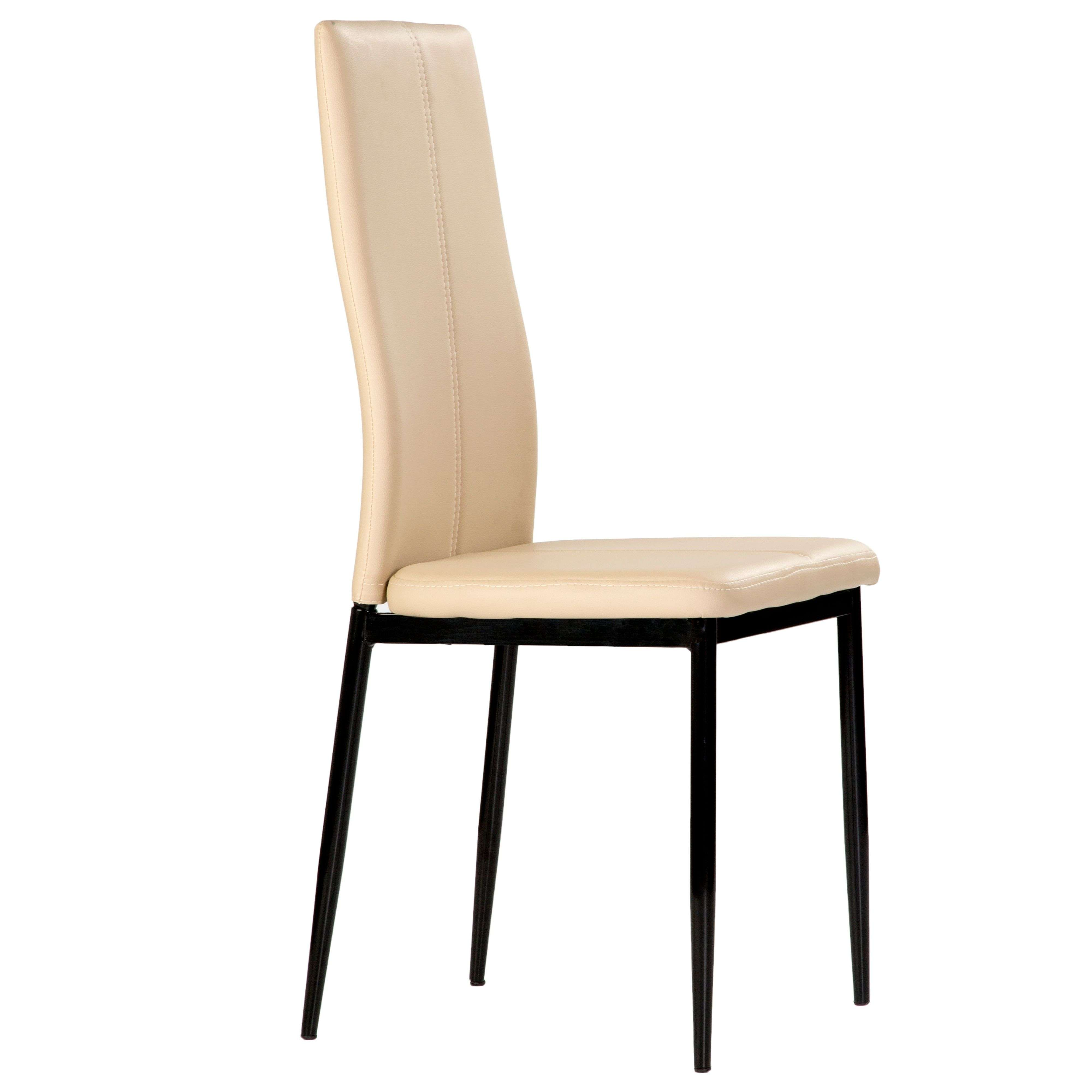 Una silla tapizada de color claro con estructura de metal negro, sobre fondo blanco.