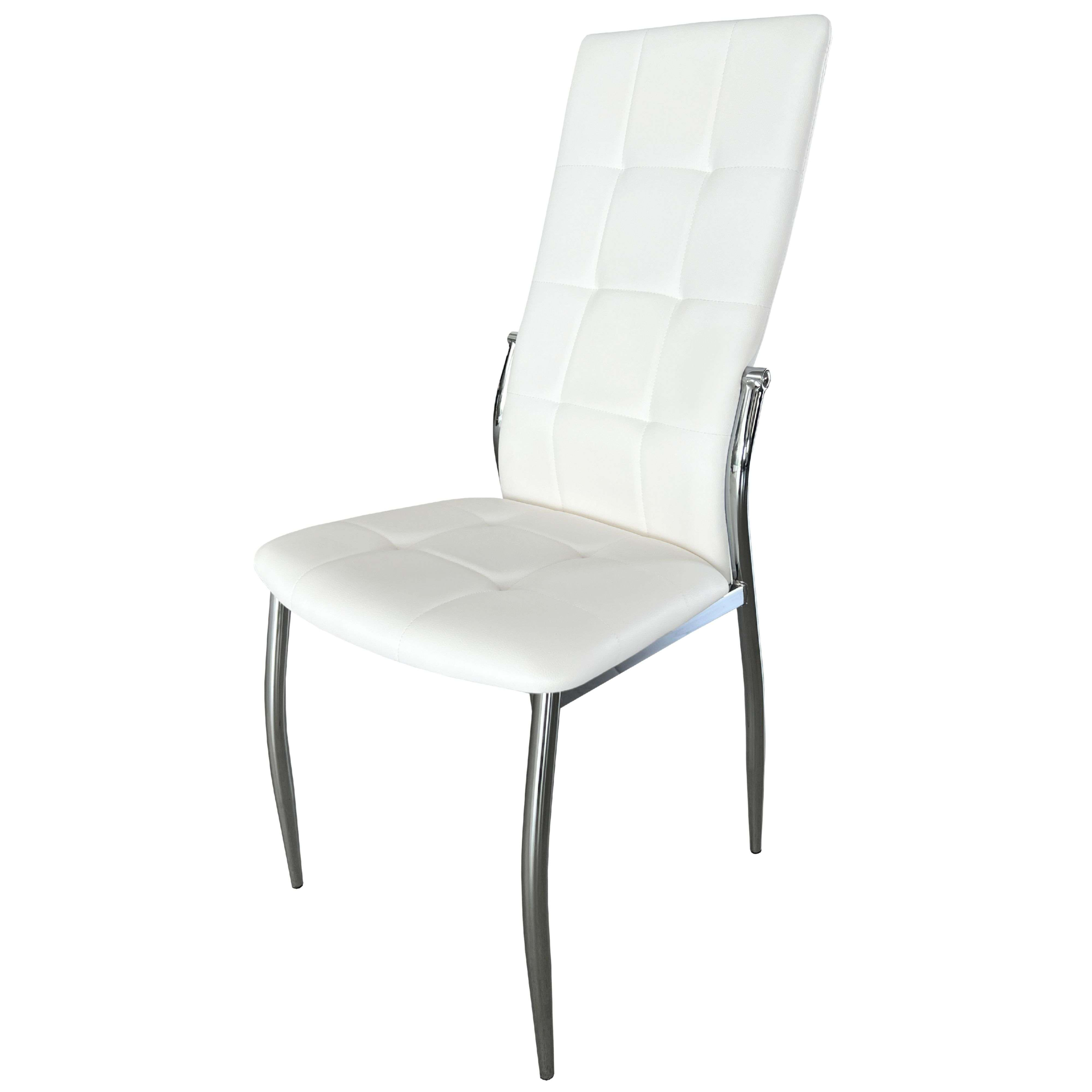 Una silla blanca con asiento y respaldo capitoné, patas cromadas.