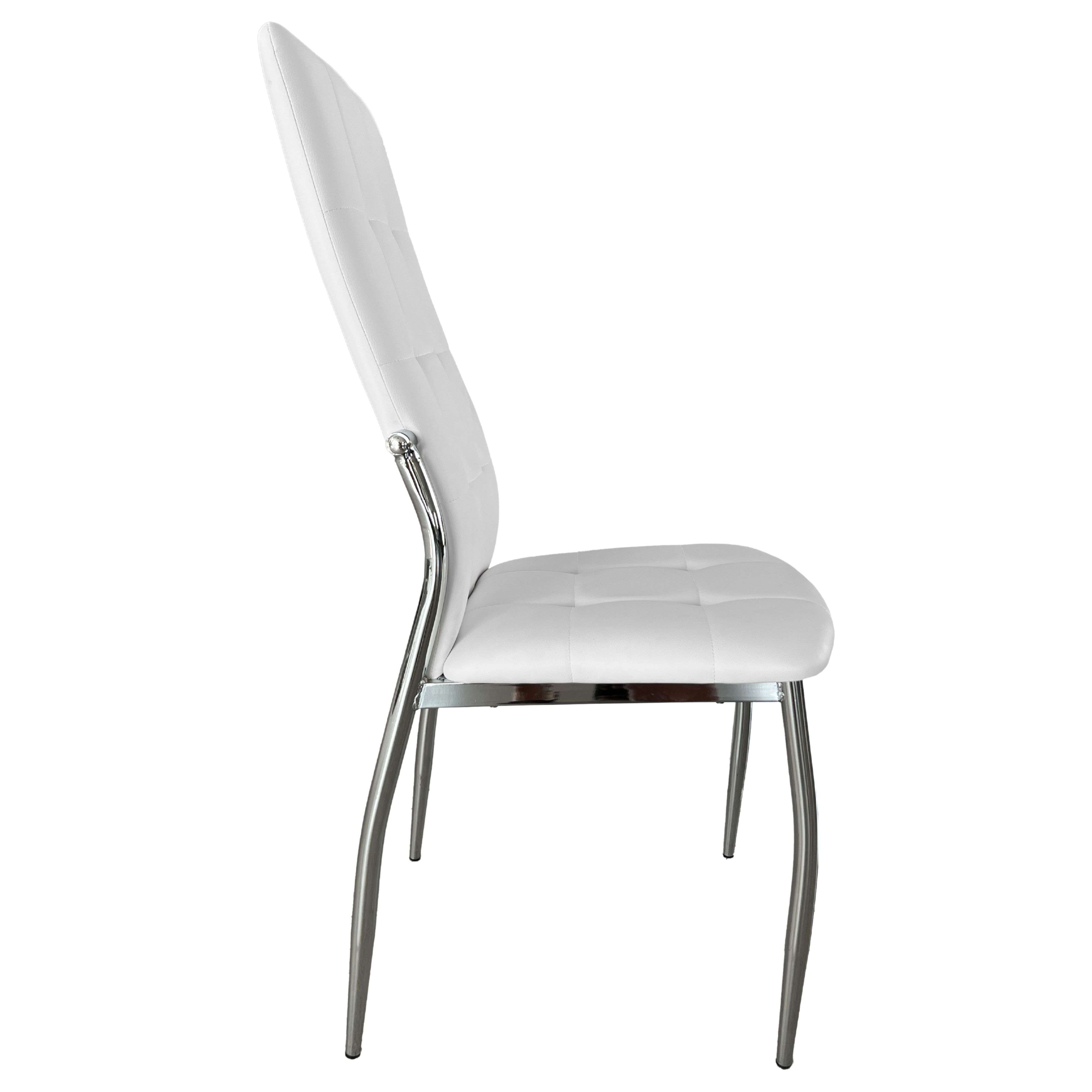 Una silla blanca de cuero sintético con patas cromadas, vista de lado.