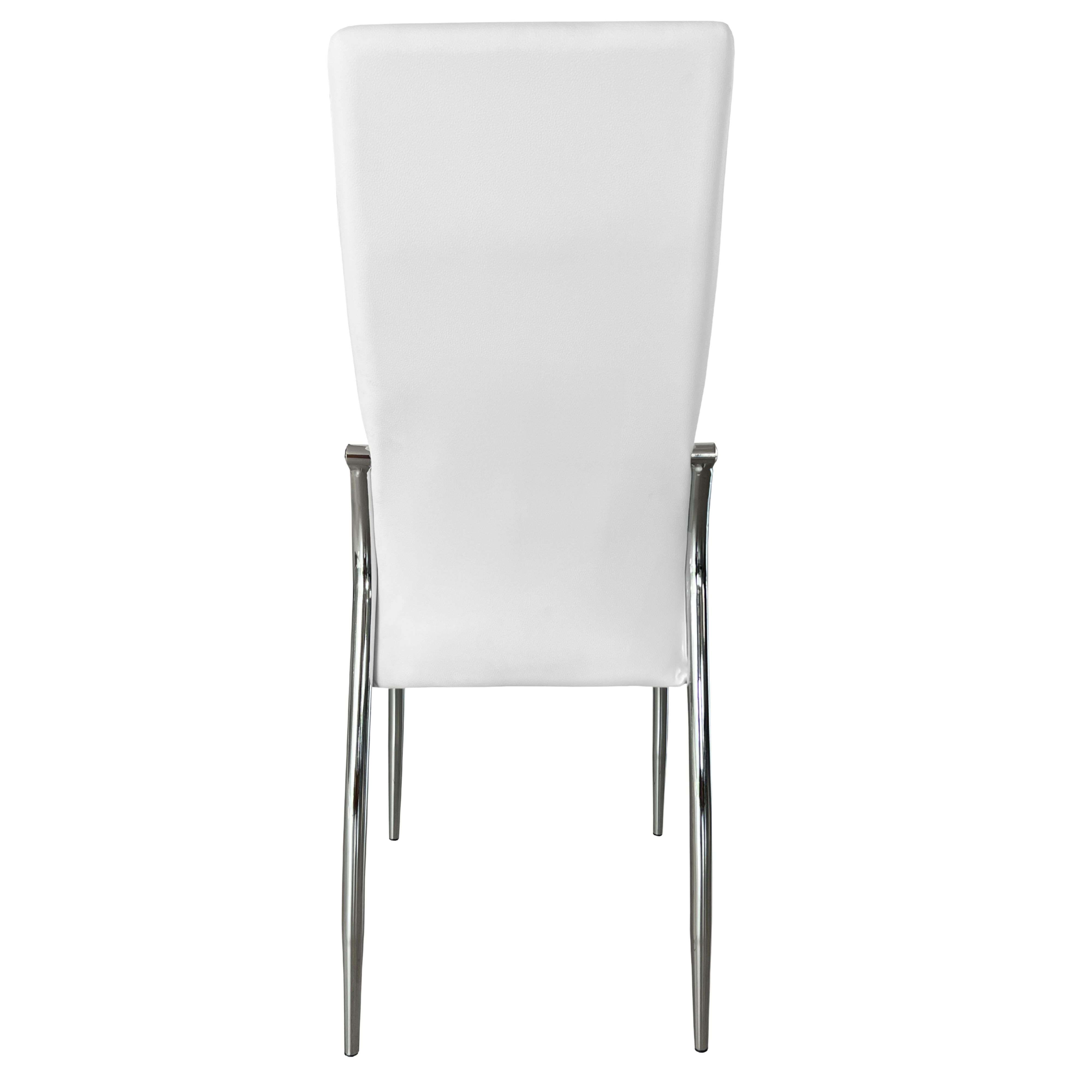 Vista trasera de una silla blanca de cuero sintético con patas cromadas brillantes.