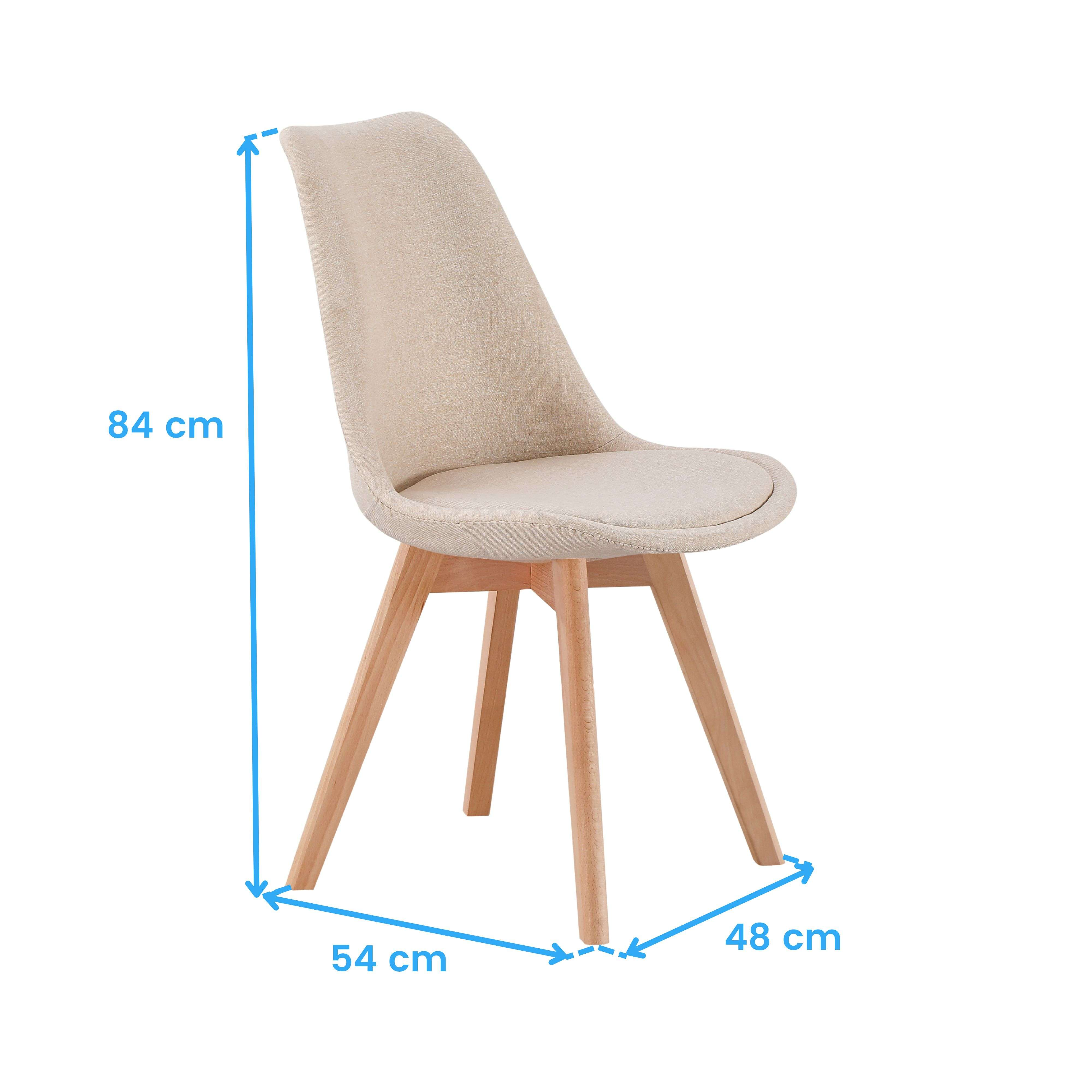 Silla de tela beige con patas de madera, medidas 84x54x48 cm.