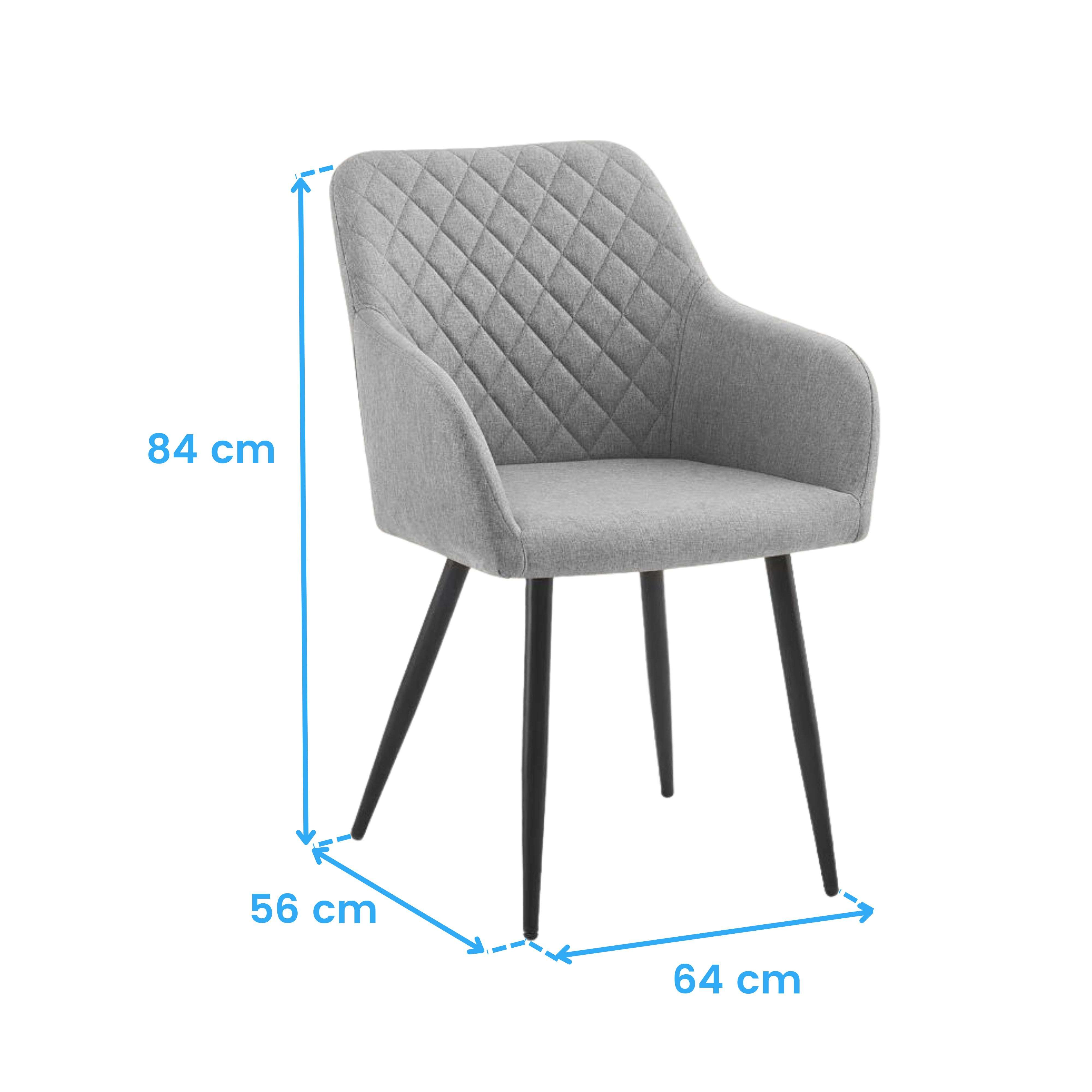 Silla de tela gris con patrón de rombos, medidas 84x56x64 cm.