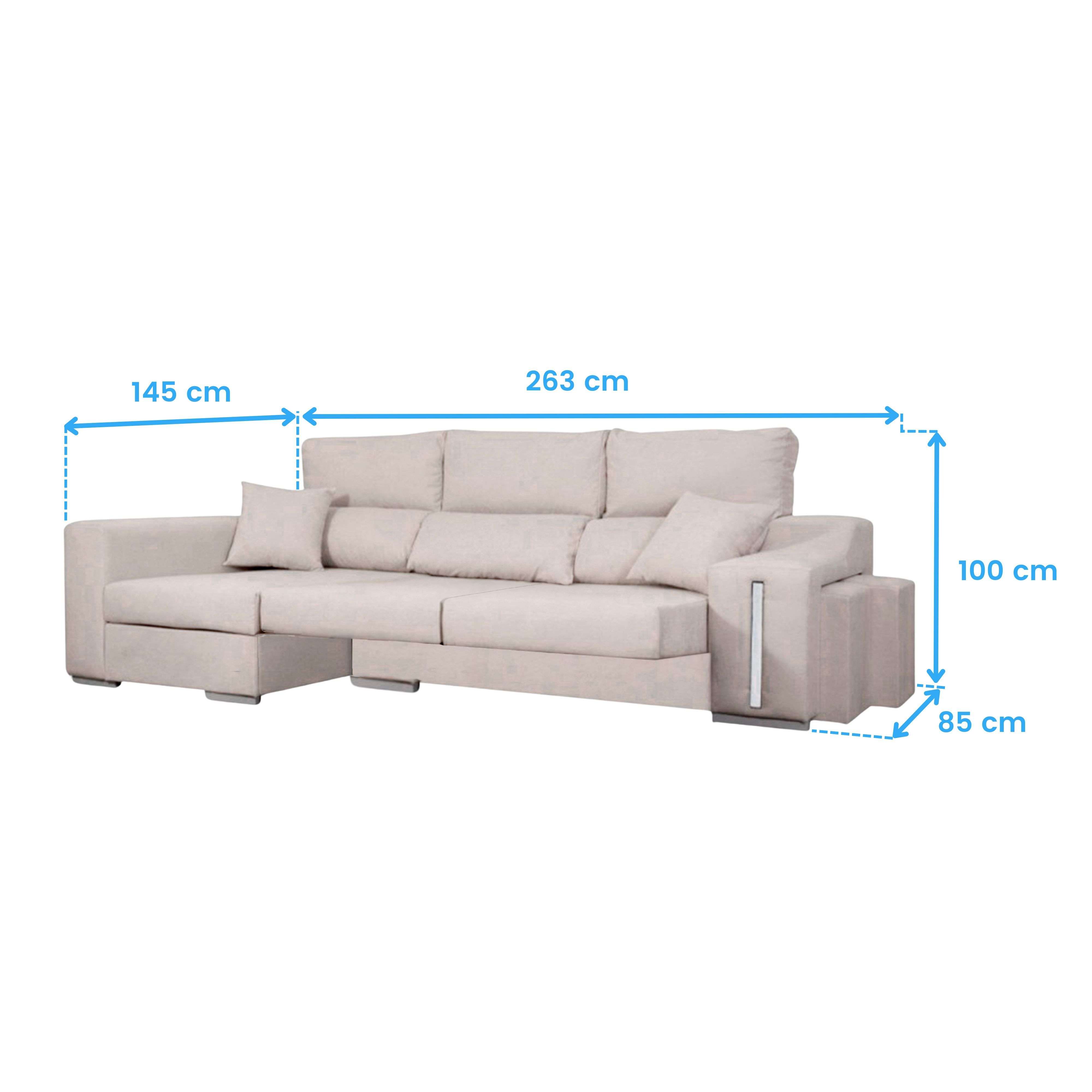 Un sofá esquinero beige claro con medidas 263x145x100x85cm.