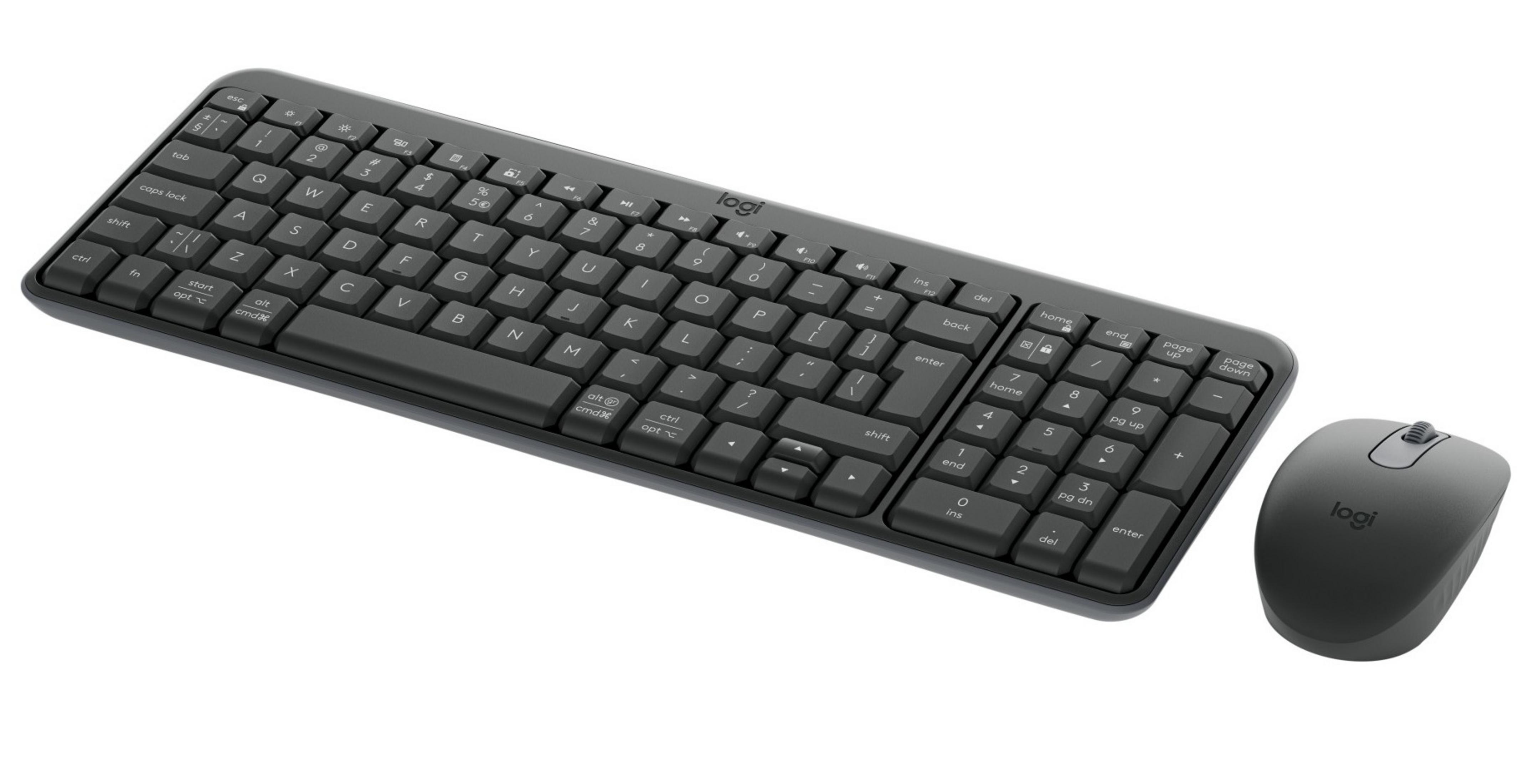 Tastiera e mouse Logitech grigi su sfondo bianco.