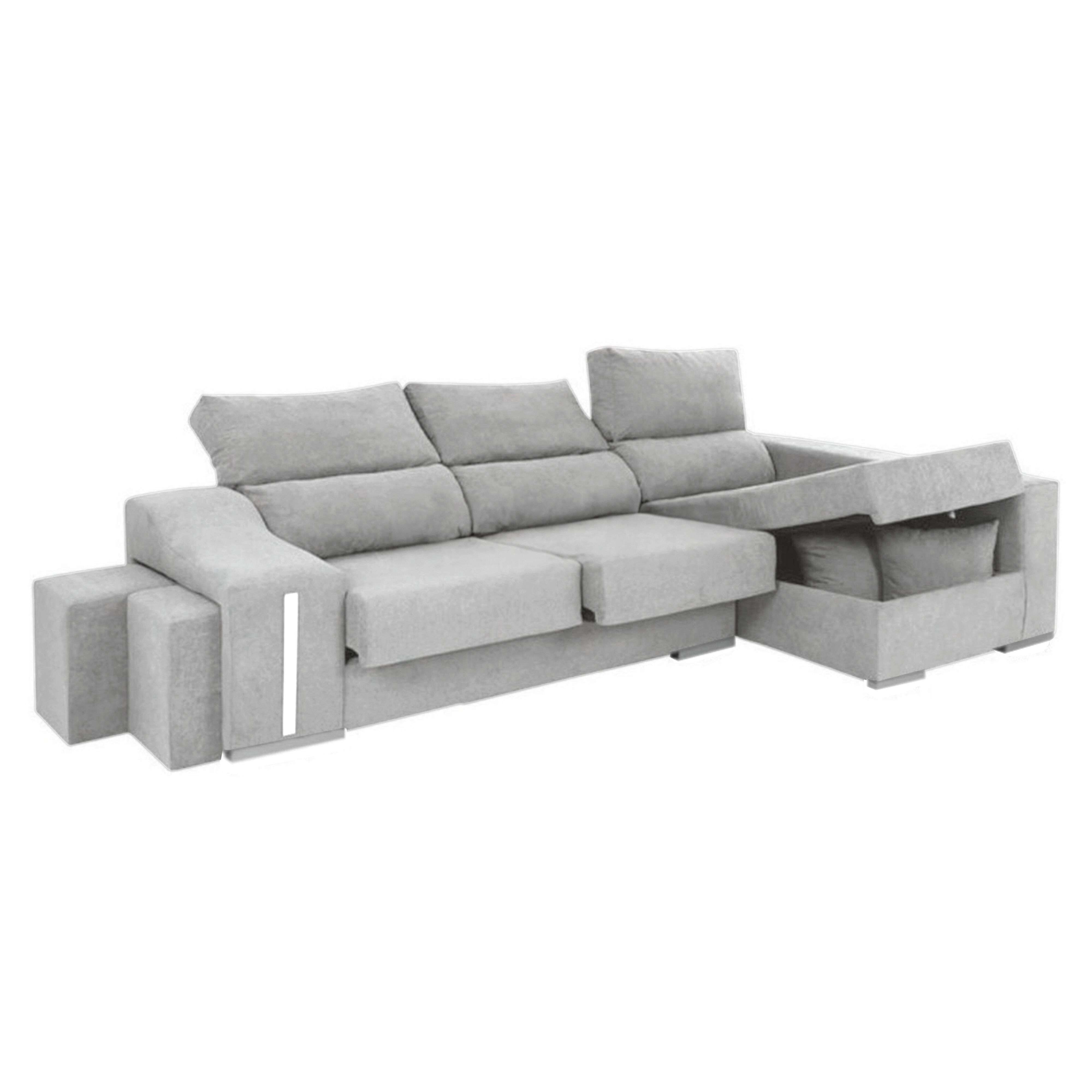 Sofá seccional gris con reposacabezas ajustables y mesa extraíble.