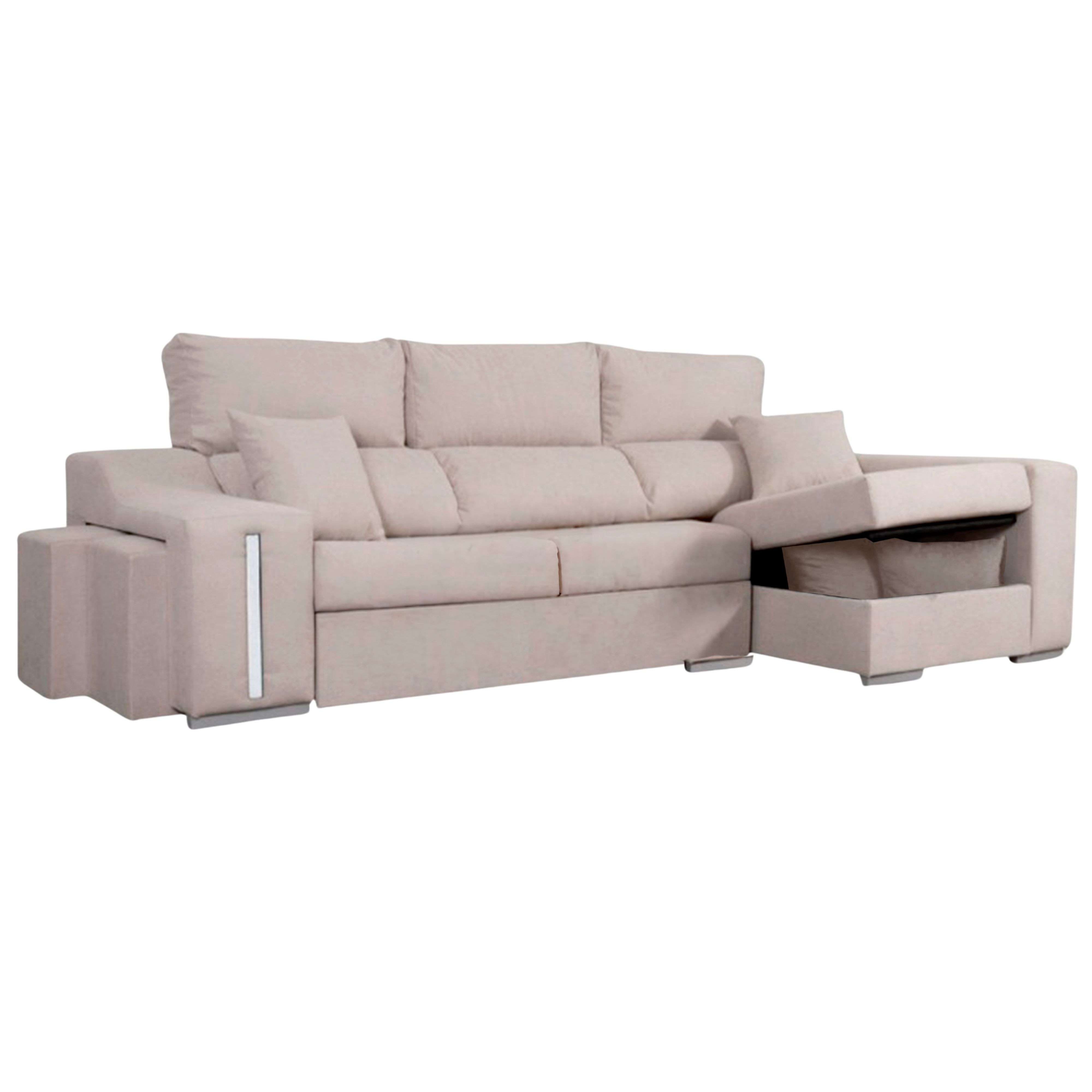 Un sofá seccional beige con varios cojines y una cama extraíble.