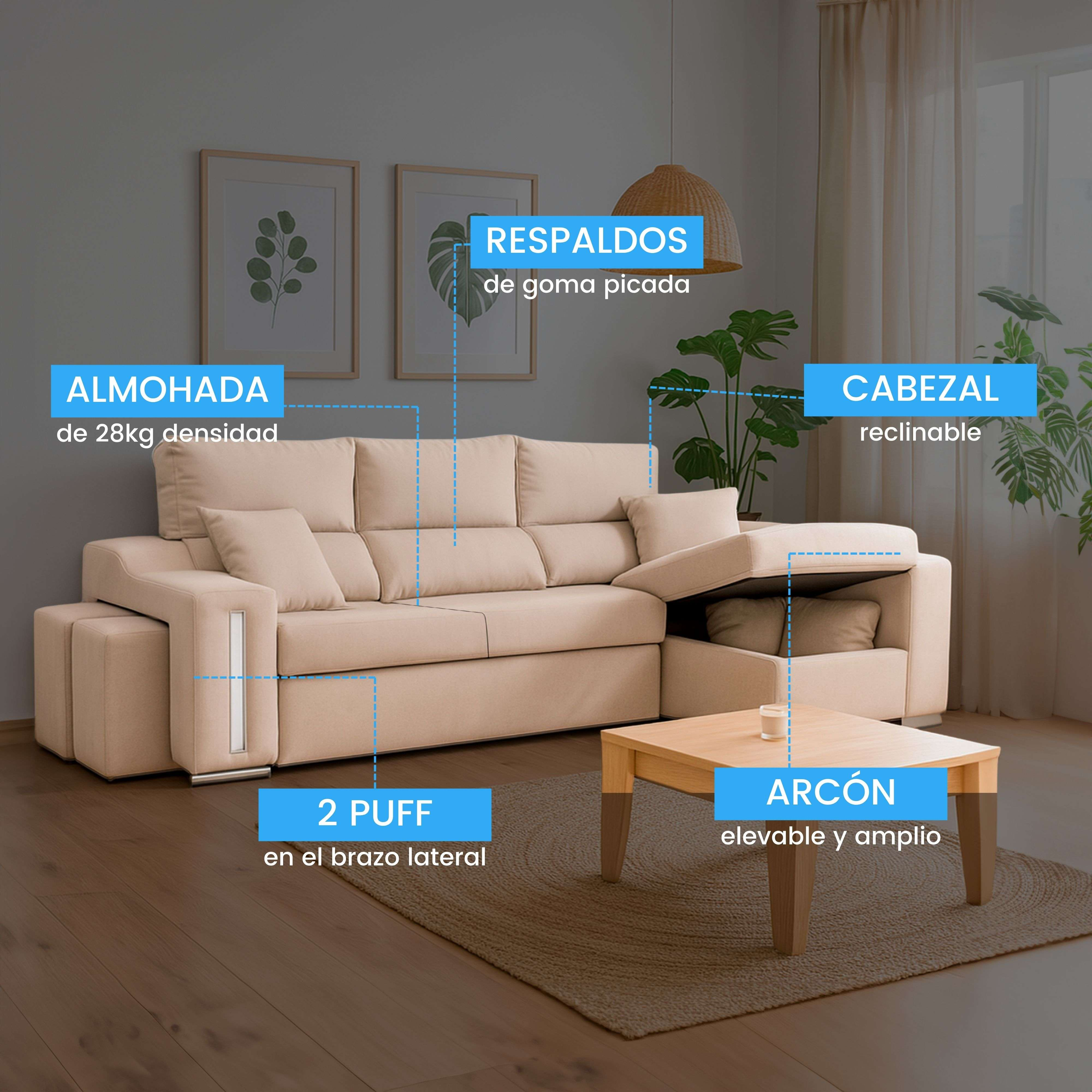 Sofá seccional beige con reposacabezas reclinables y arcón debajo de la mesa.