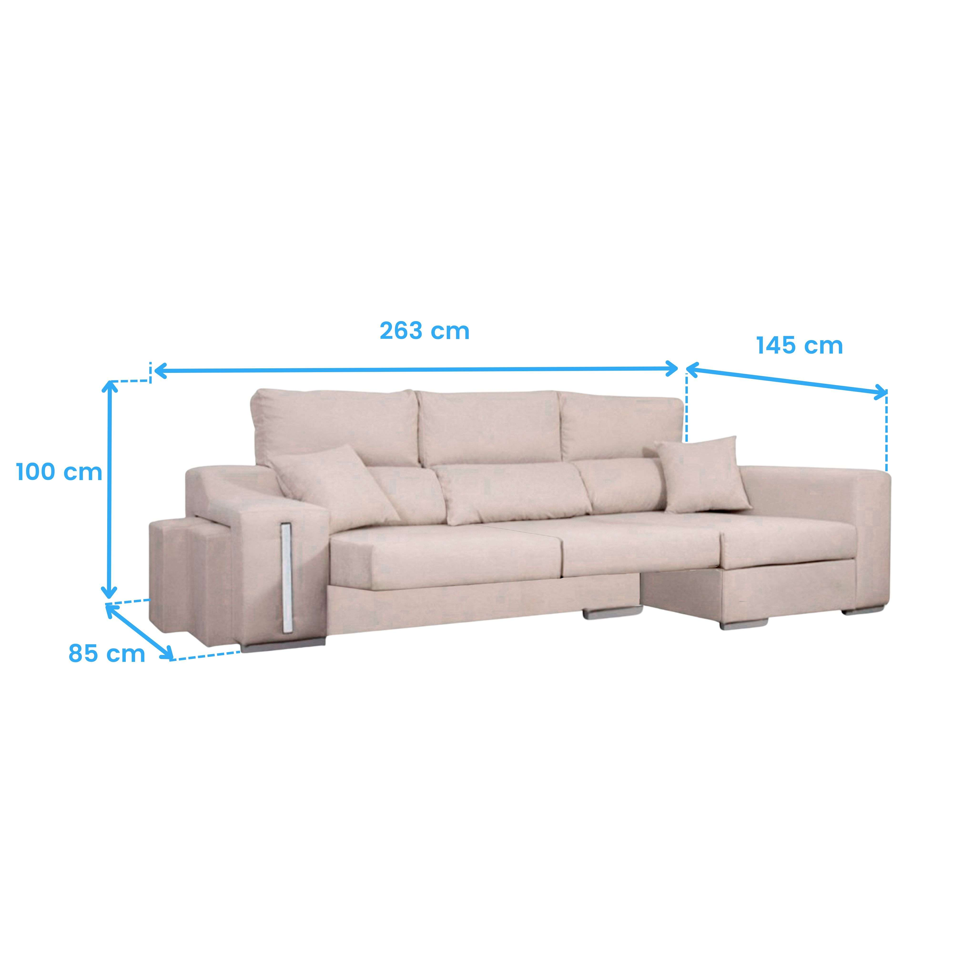 Un sofá rinconero beige con medidas 263x145x100x85 cm, con cojines.