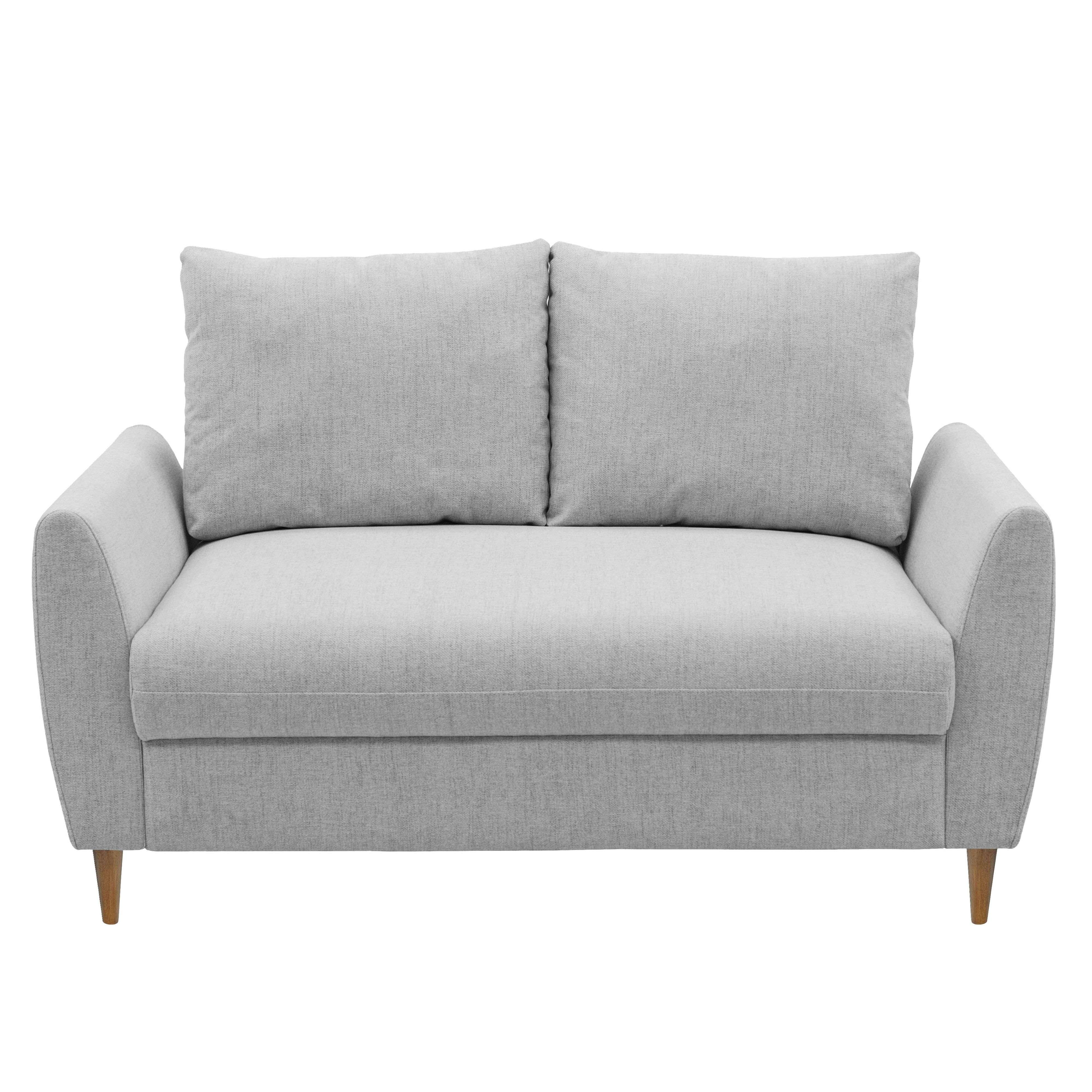 Un sofá gris con dos cojines y patas de madera.