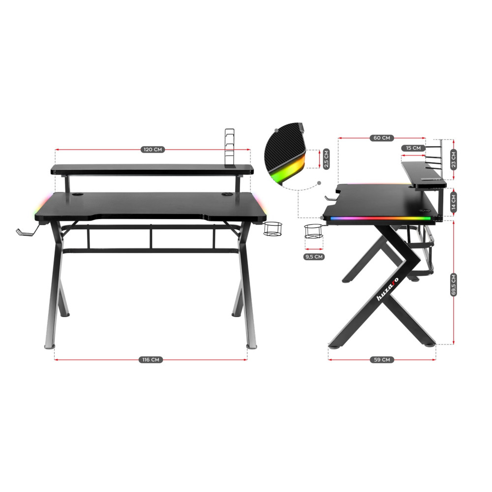 Czarny biurko gamingowe z oświetleniem RGB, uchwytami i wymiarami.