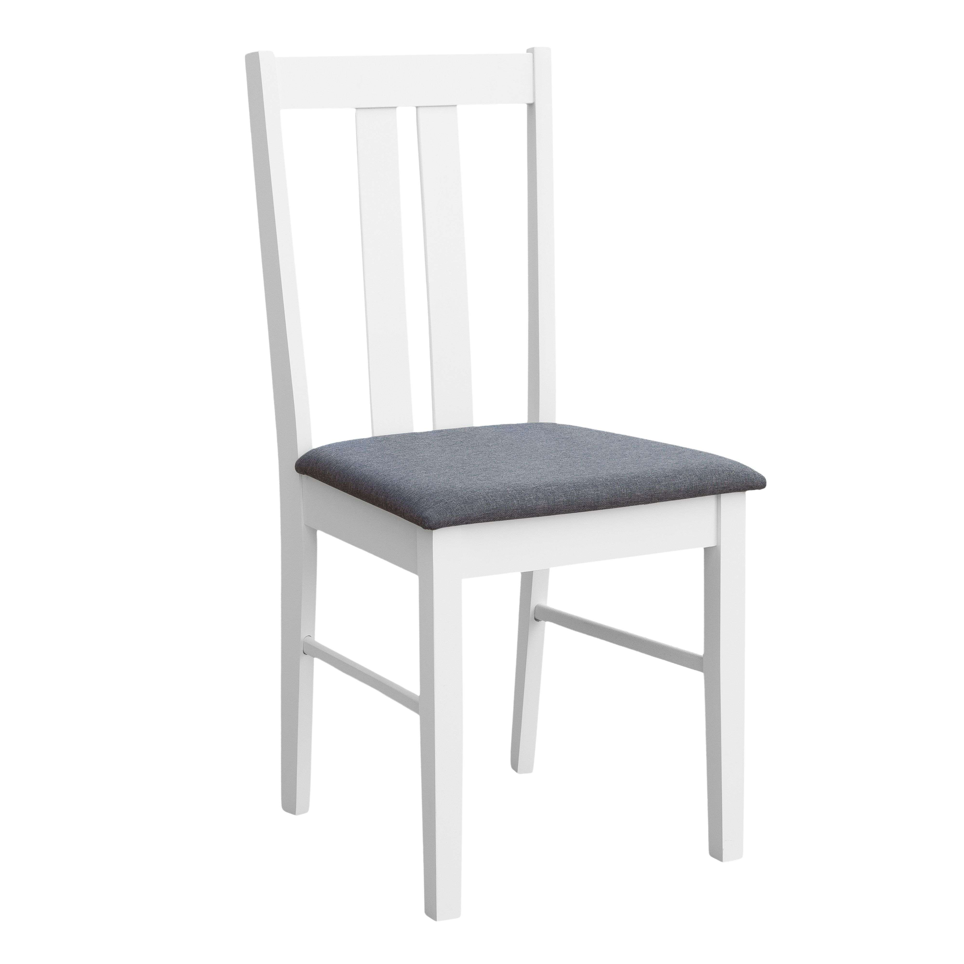 Una silla blanca con asiento acolchado gris y listones verticales.