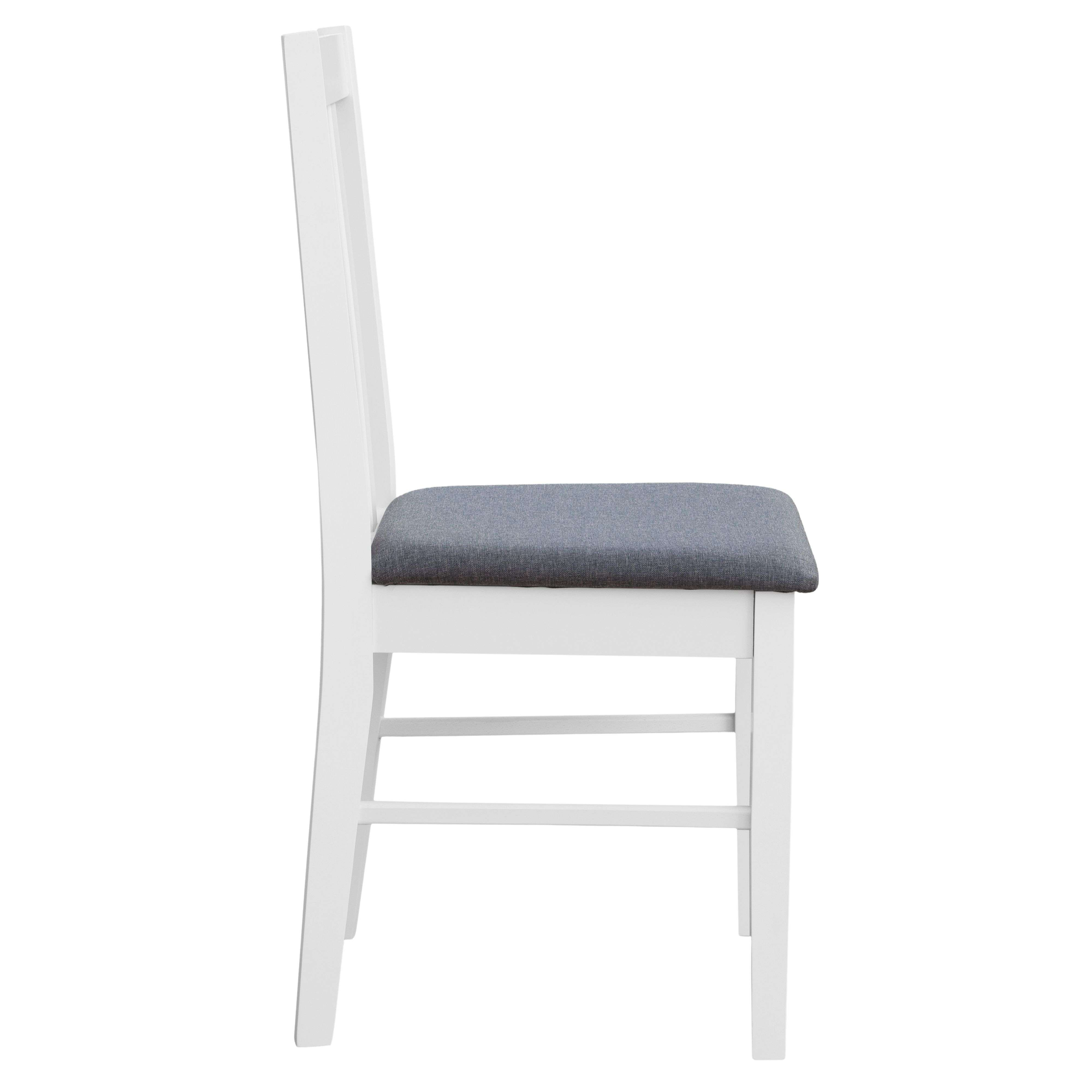 Una silla blanca con asiento tapizado gris, vista de lado.