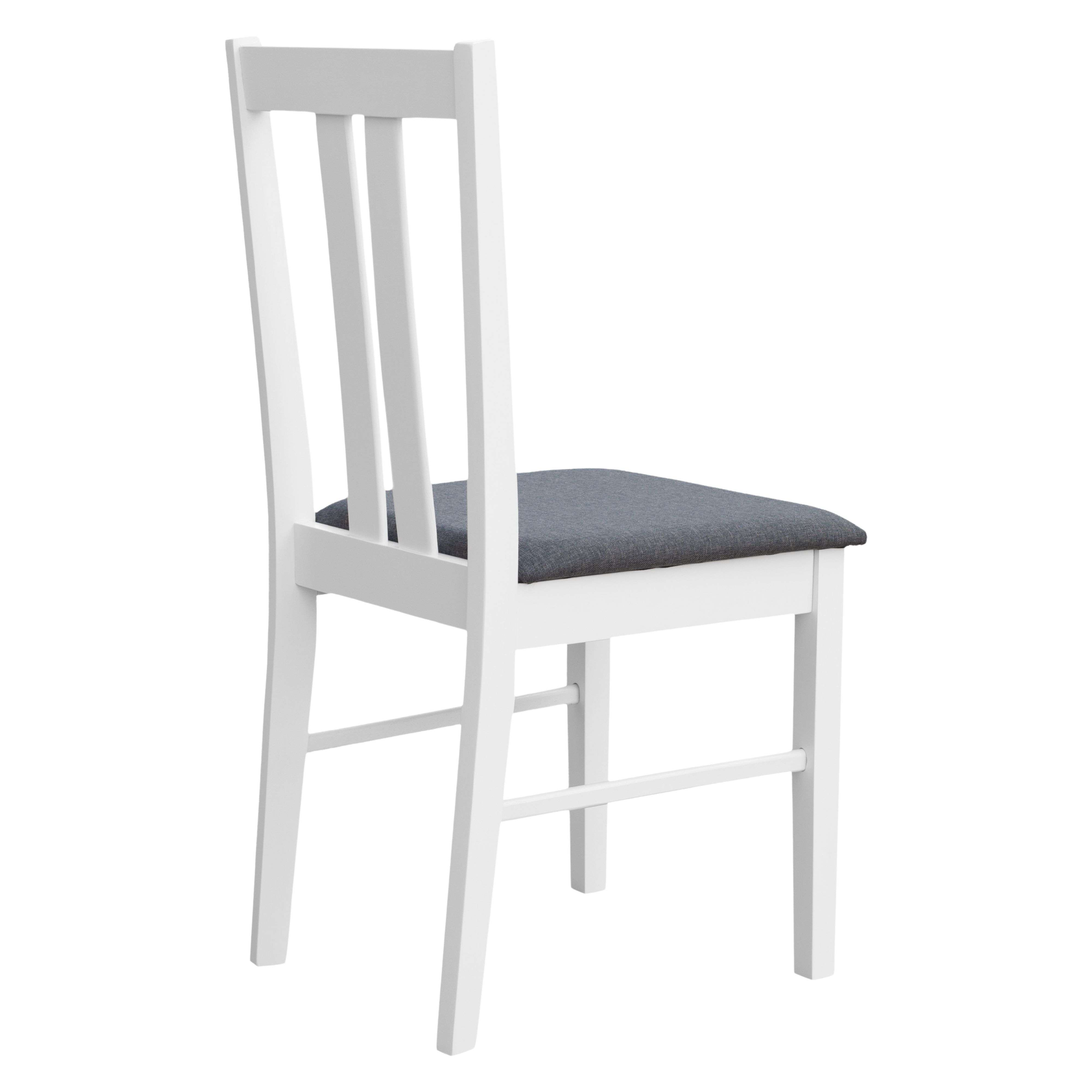 Una silla de madera blanca con asiento tapizado gris.