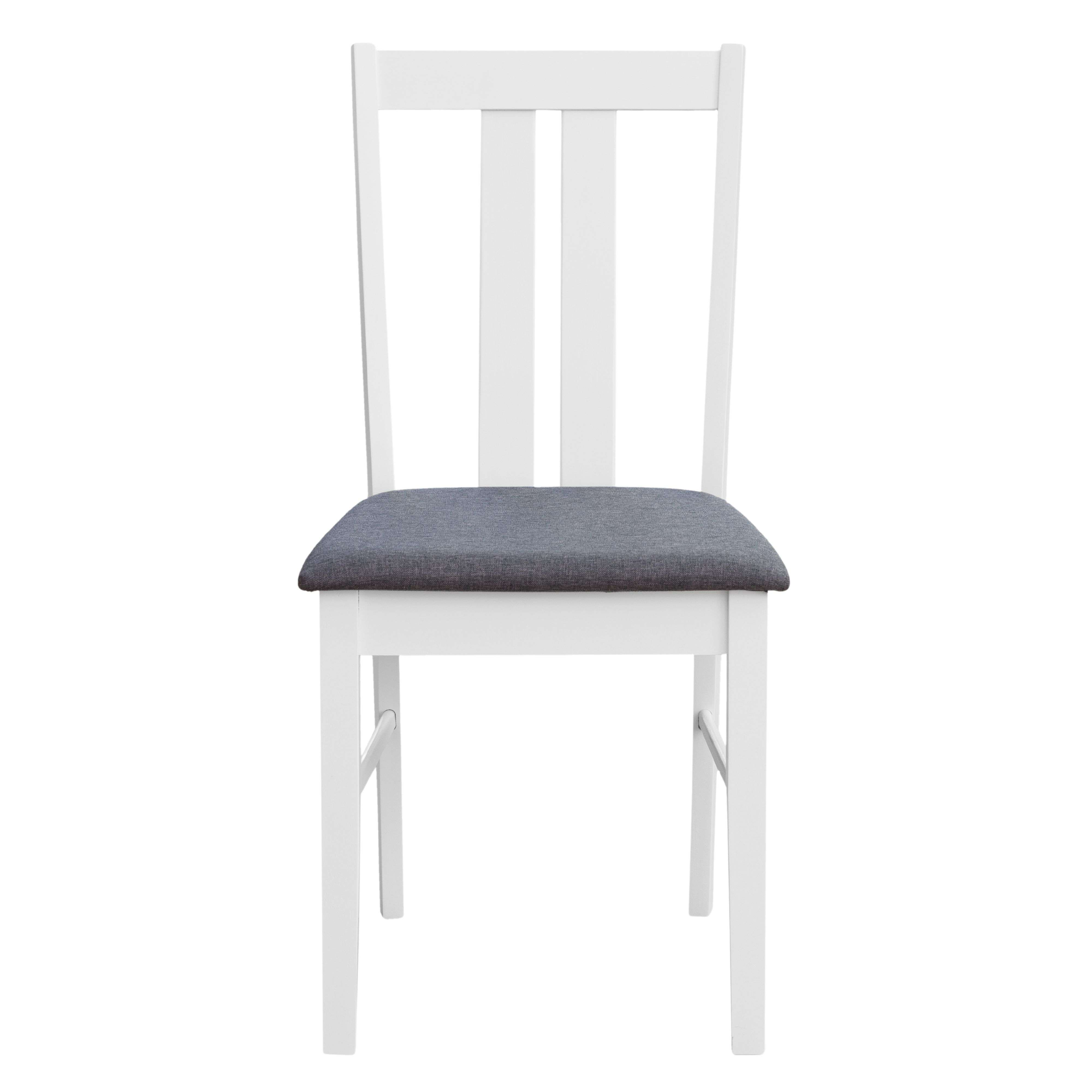 Una silla blanca con asiento tapizado gris, vista de frente.