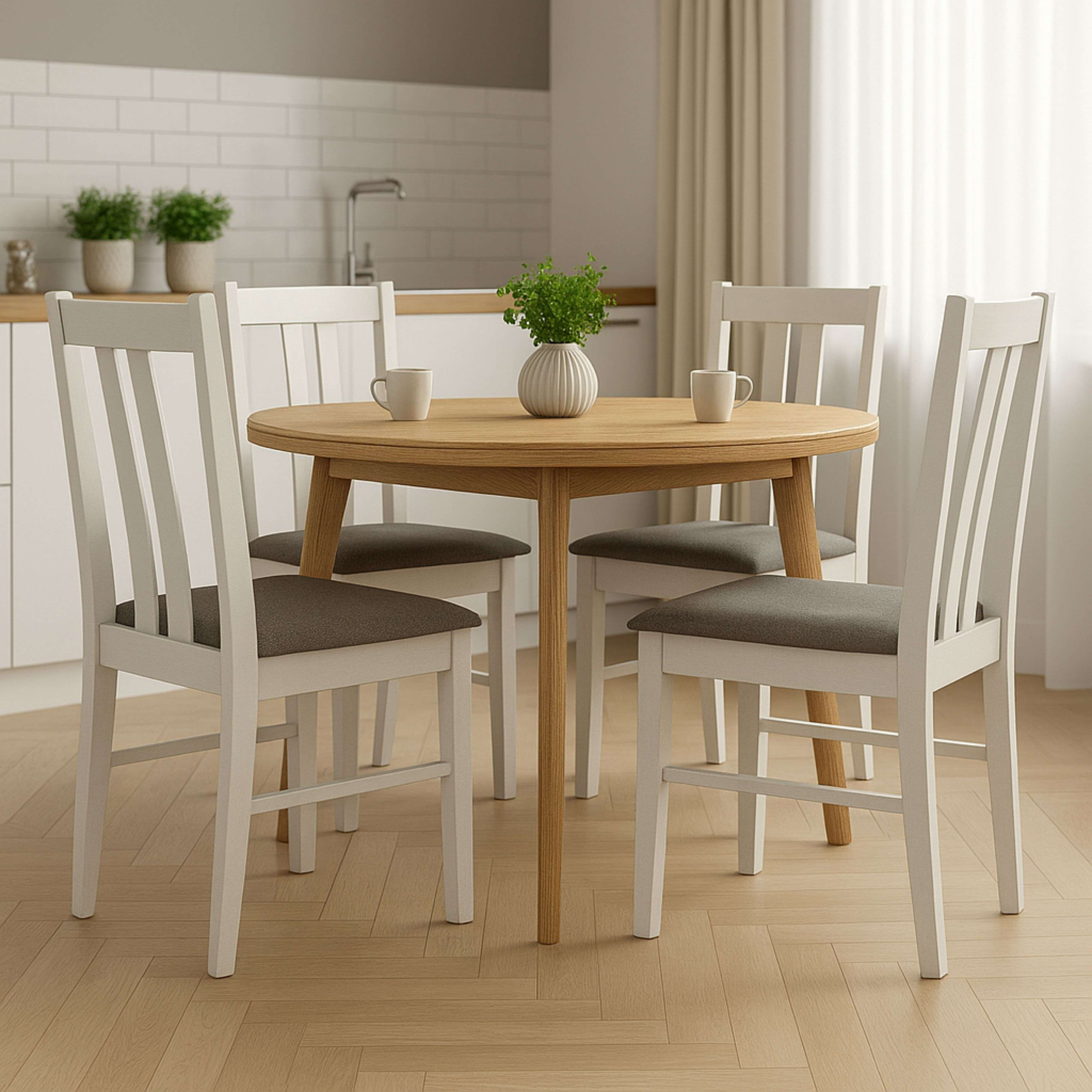 Una mesa redonda de madera con cuatro sillas blancas con cojines grises.