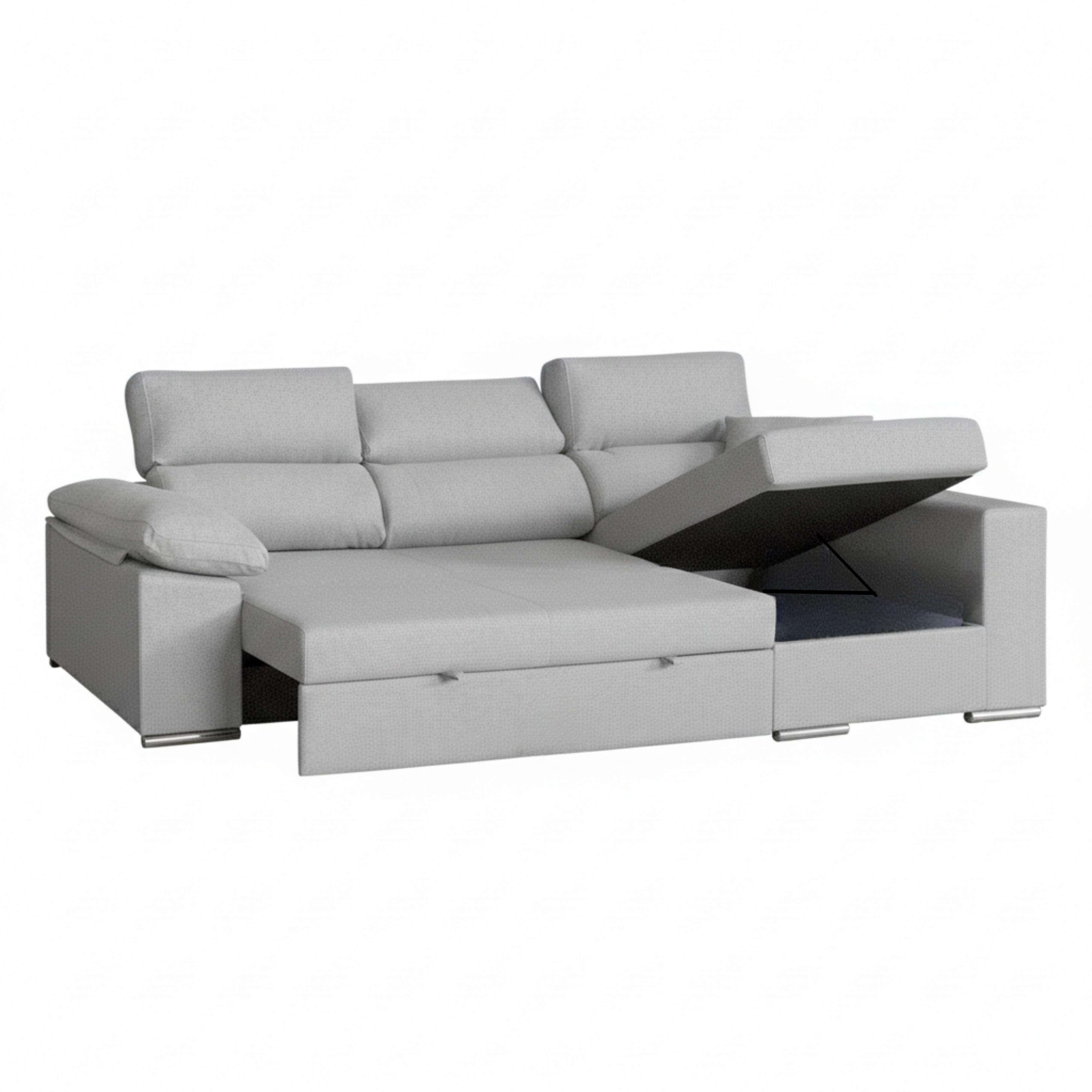 Sofá cama esquinero gris con cama extraíble y almacenamiento.