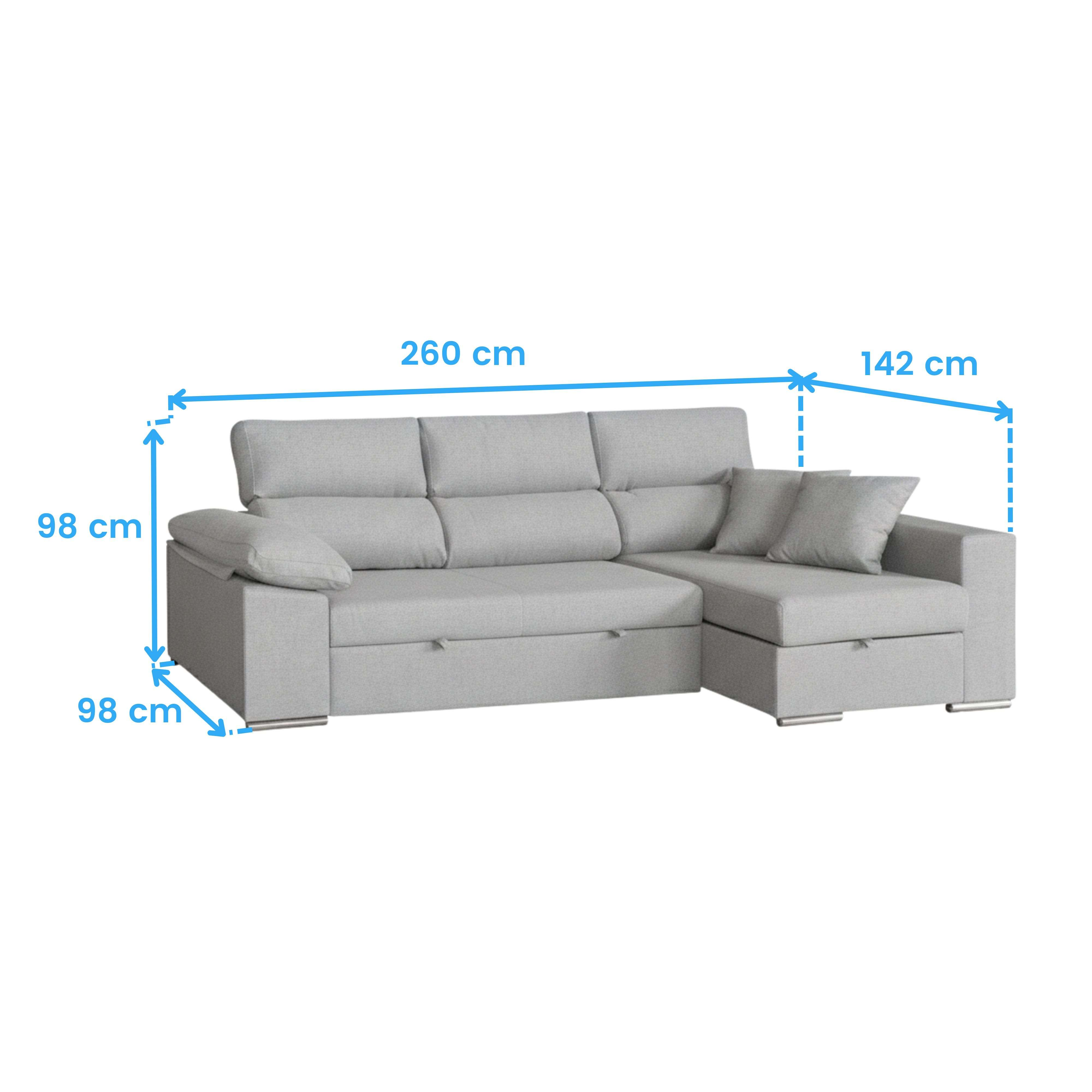 Sofá esquinero gris de 260x142x98cm con compartimentos de almacenamiento.