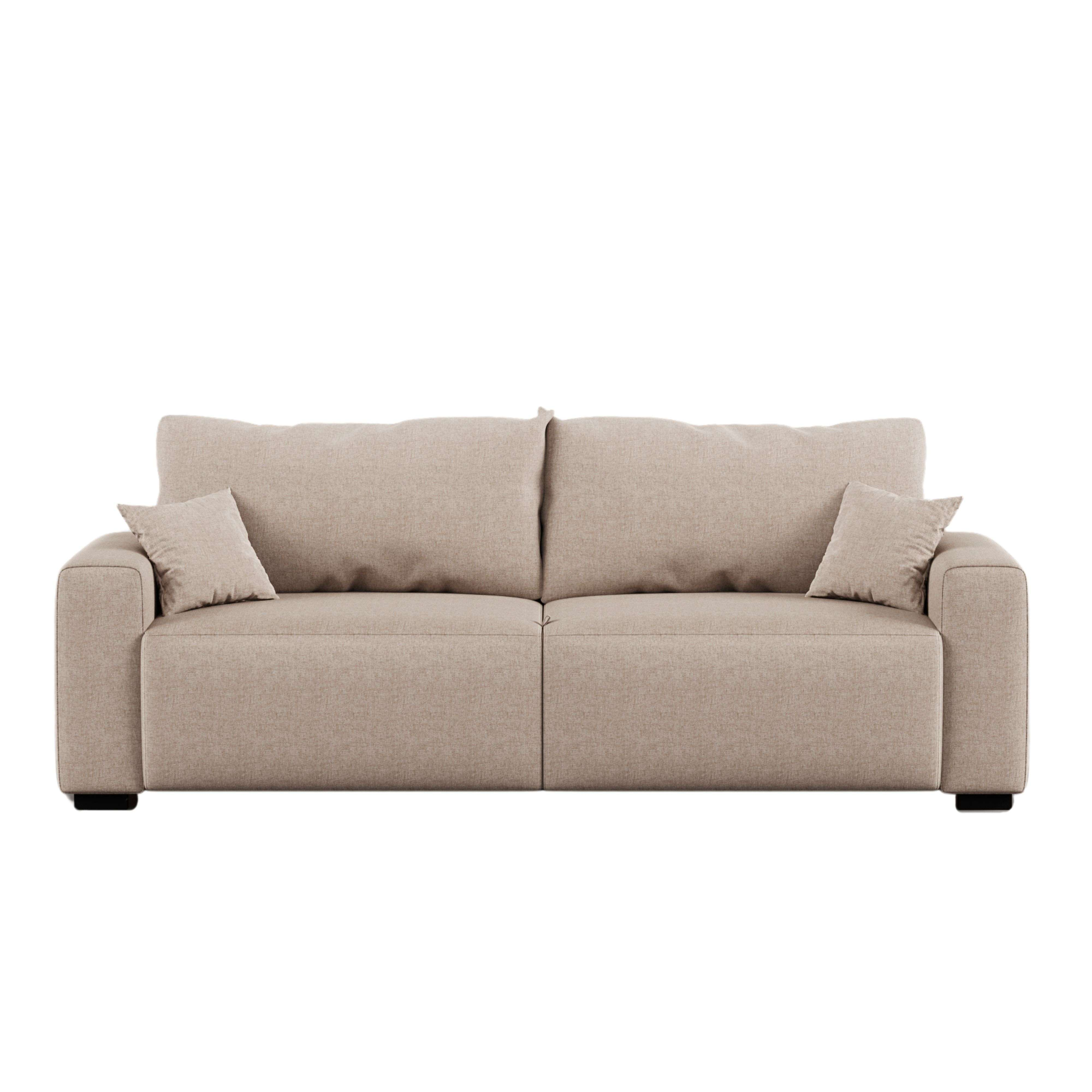 Un sofá beige de dos plazas con dos cojines.