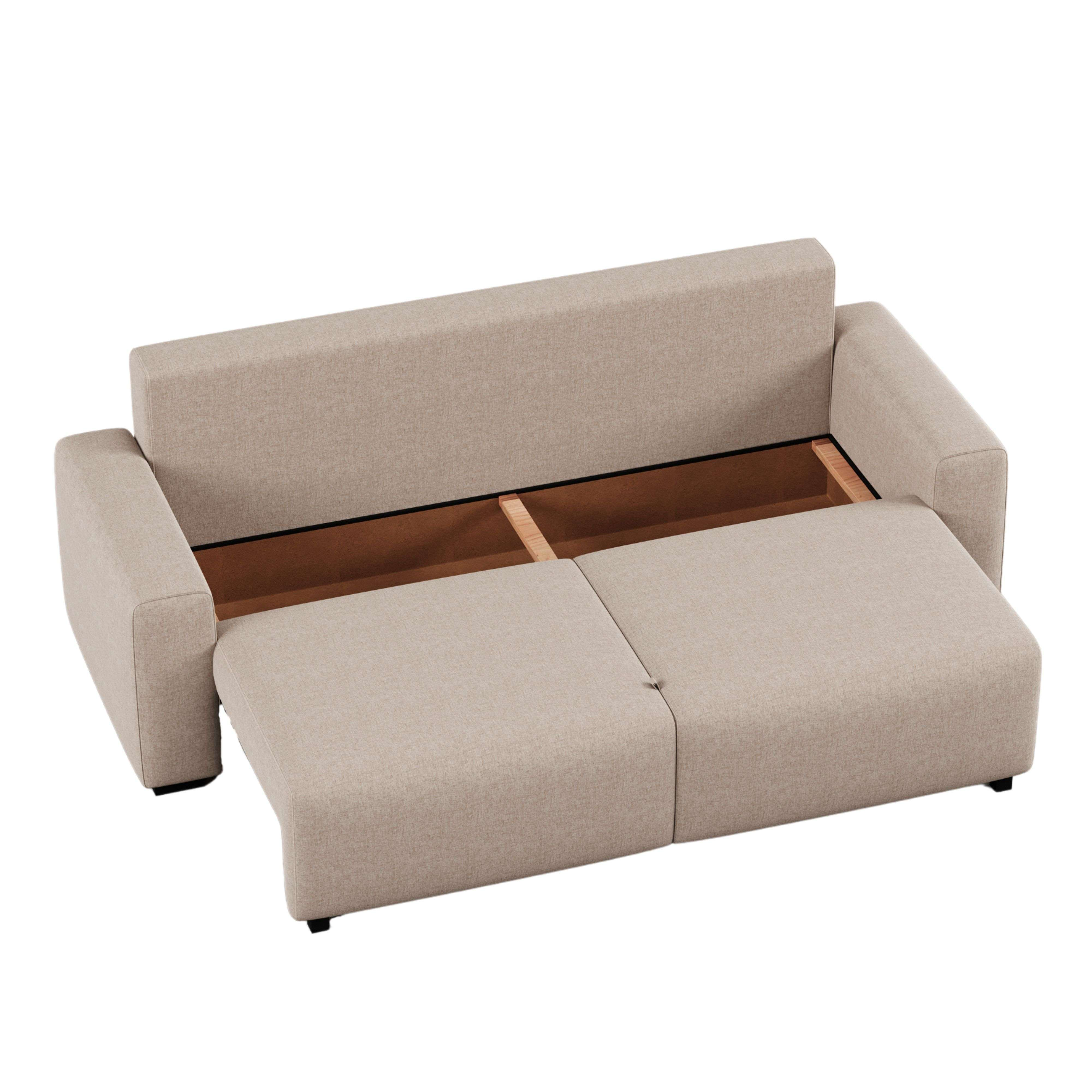Sofá de tela beige con compartimento de cama abierto y marco de madera.