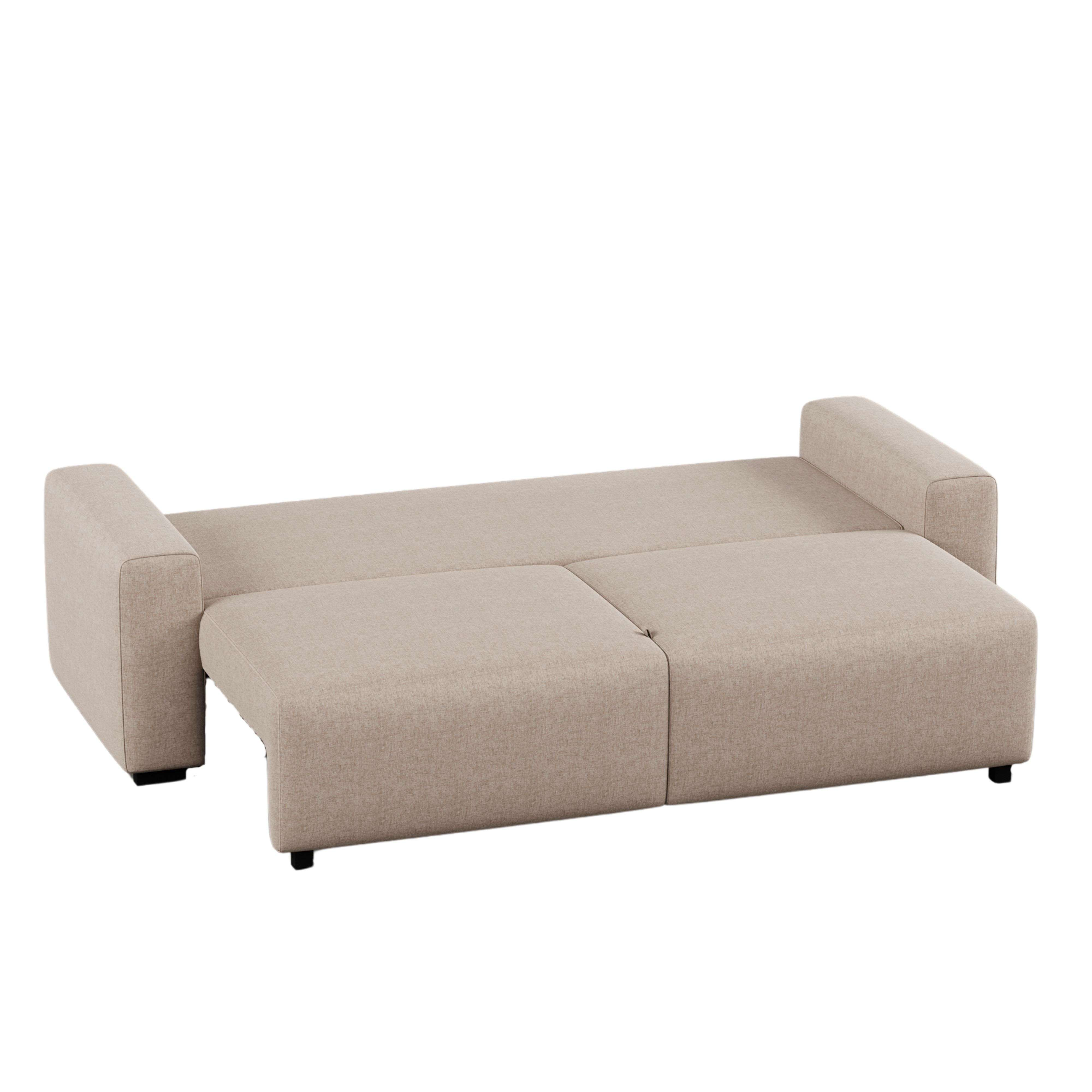Un sofá cama beige con estructura extendida, sobre patas blancas.