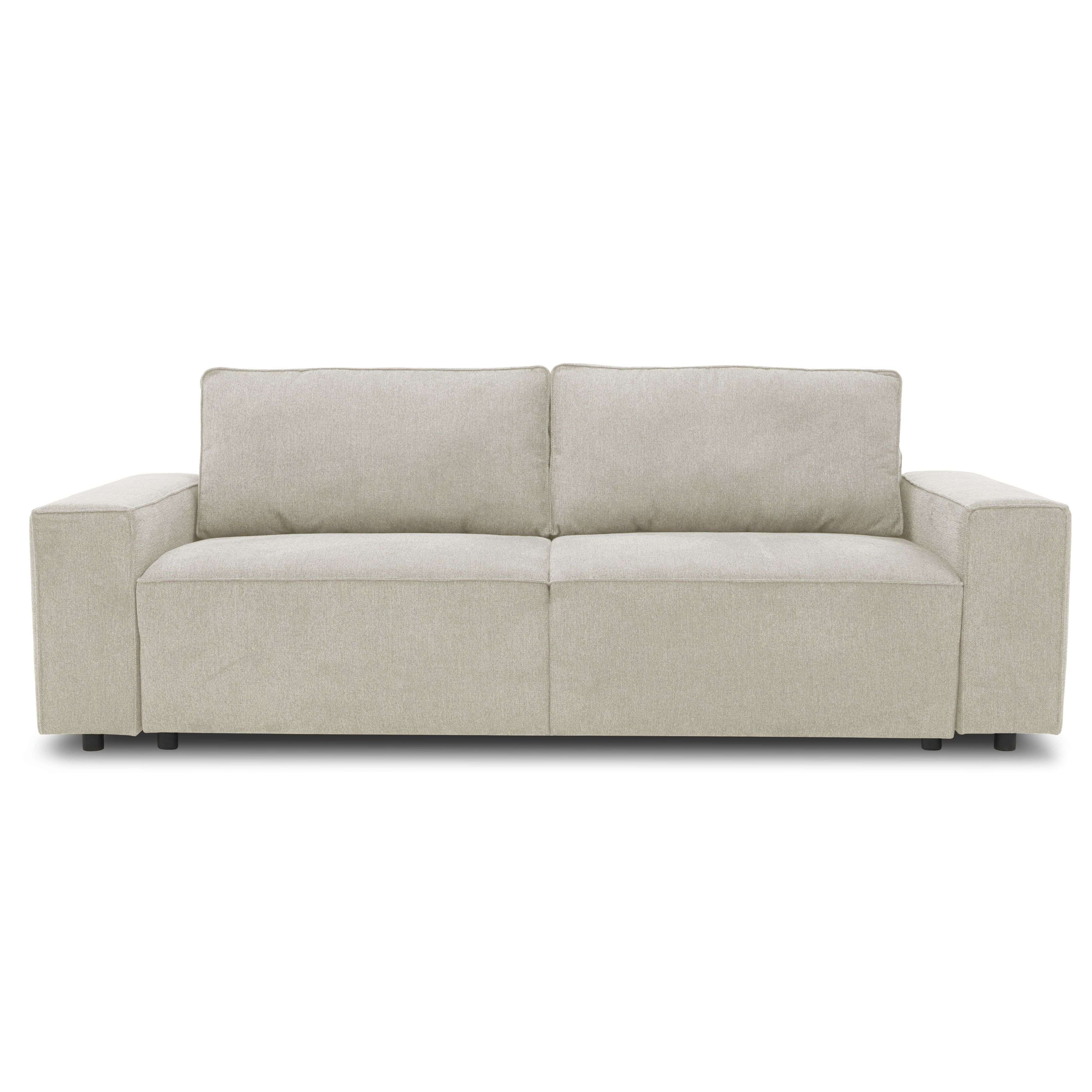 Un sofá de tela beige claro con dos cojines y reposabrazos sobre patas oscuras.