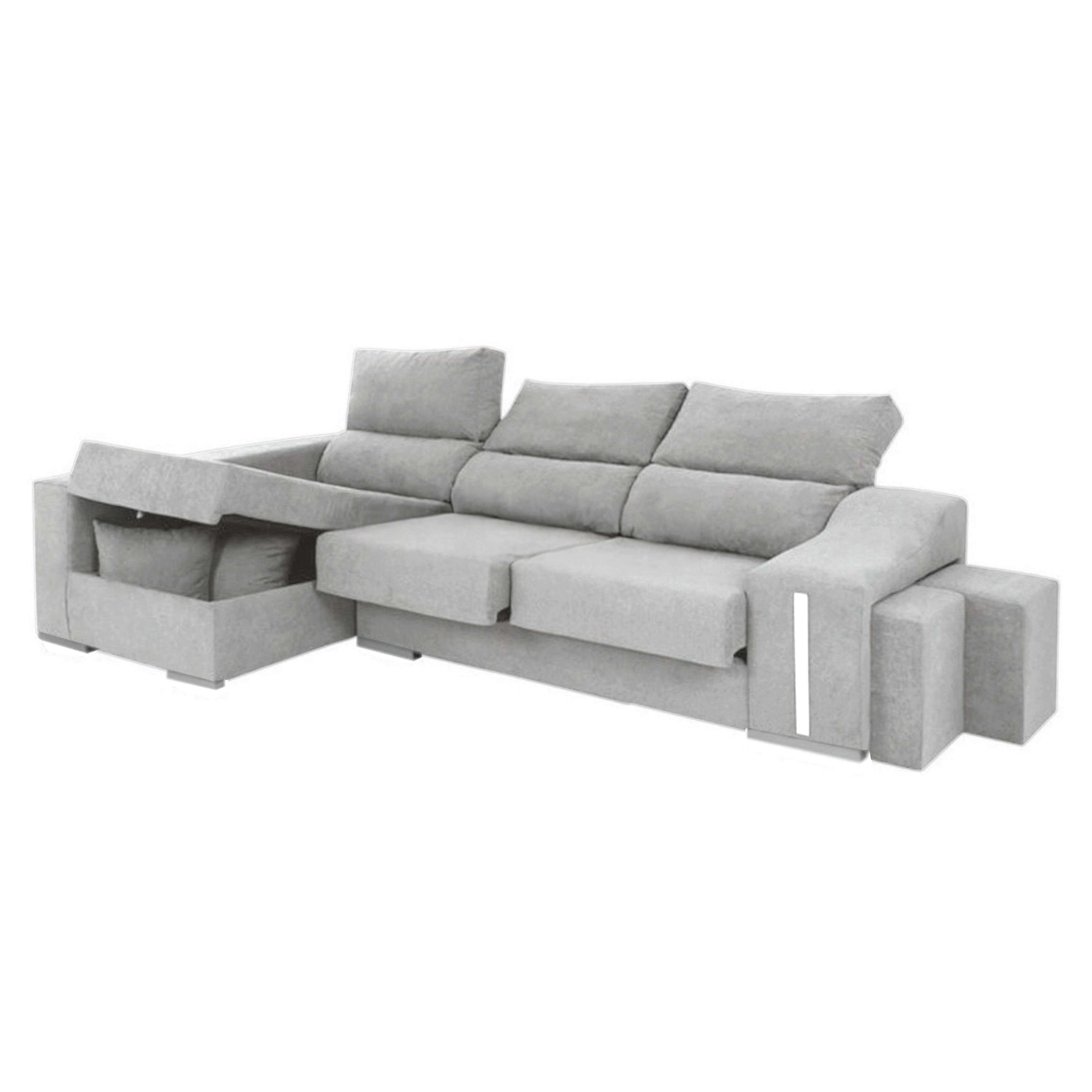 Sofá seccional gris con reposacabezas ajustables y cama extraíble.