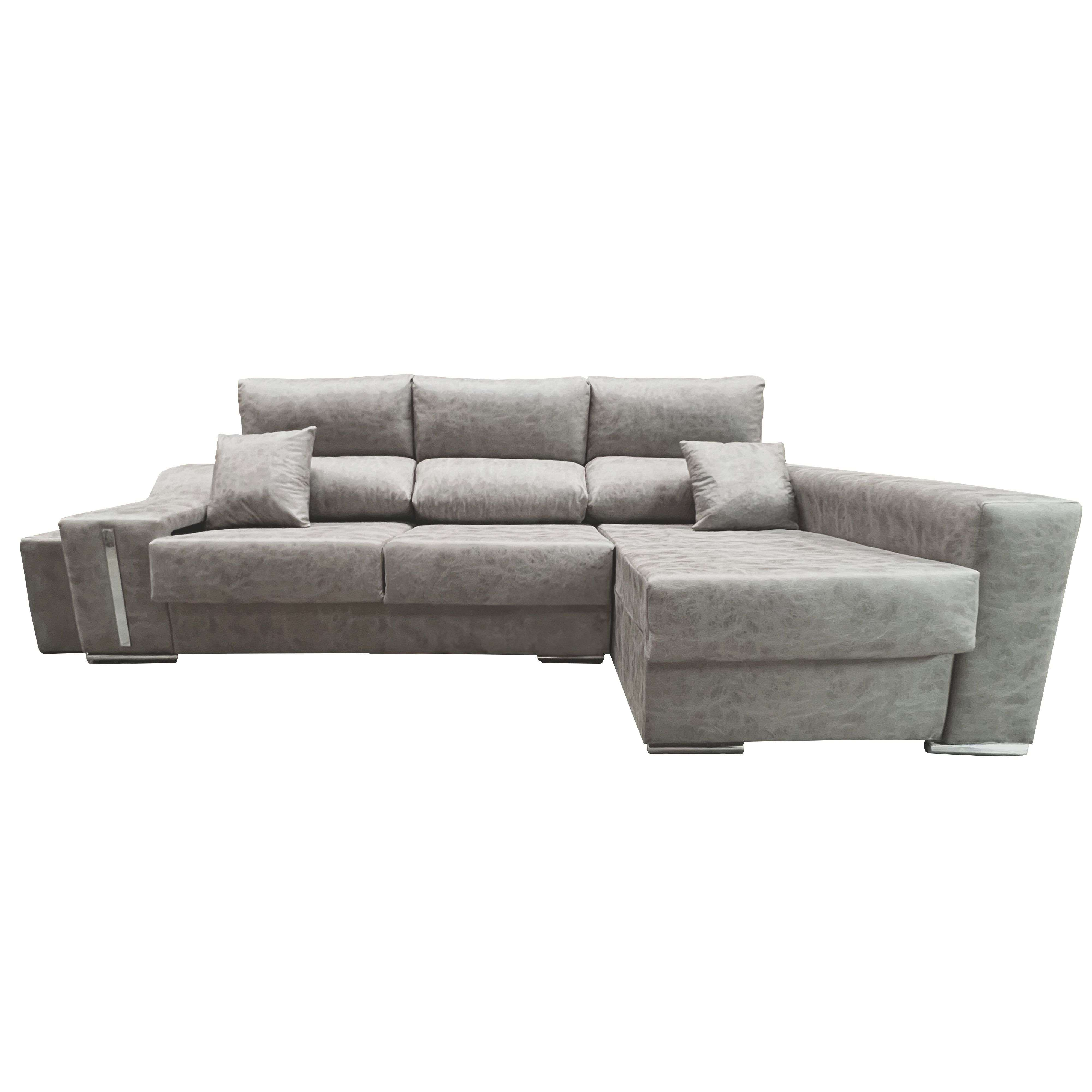 Sofá esquinero gris con dos cojines, moderno y elegante.